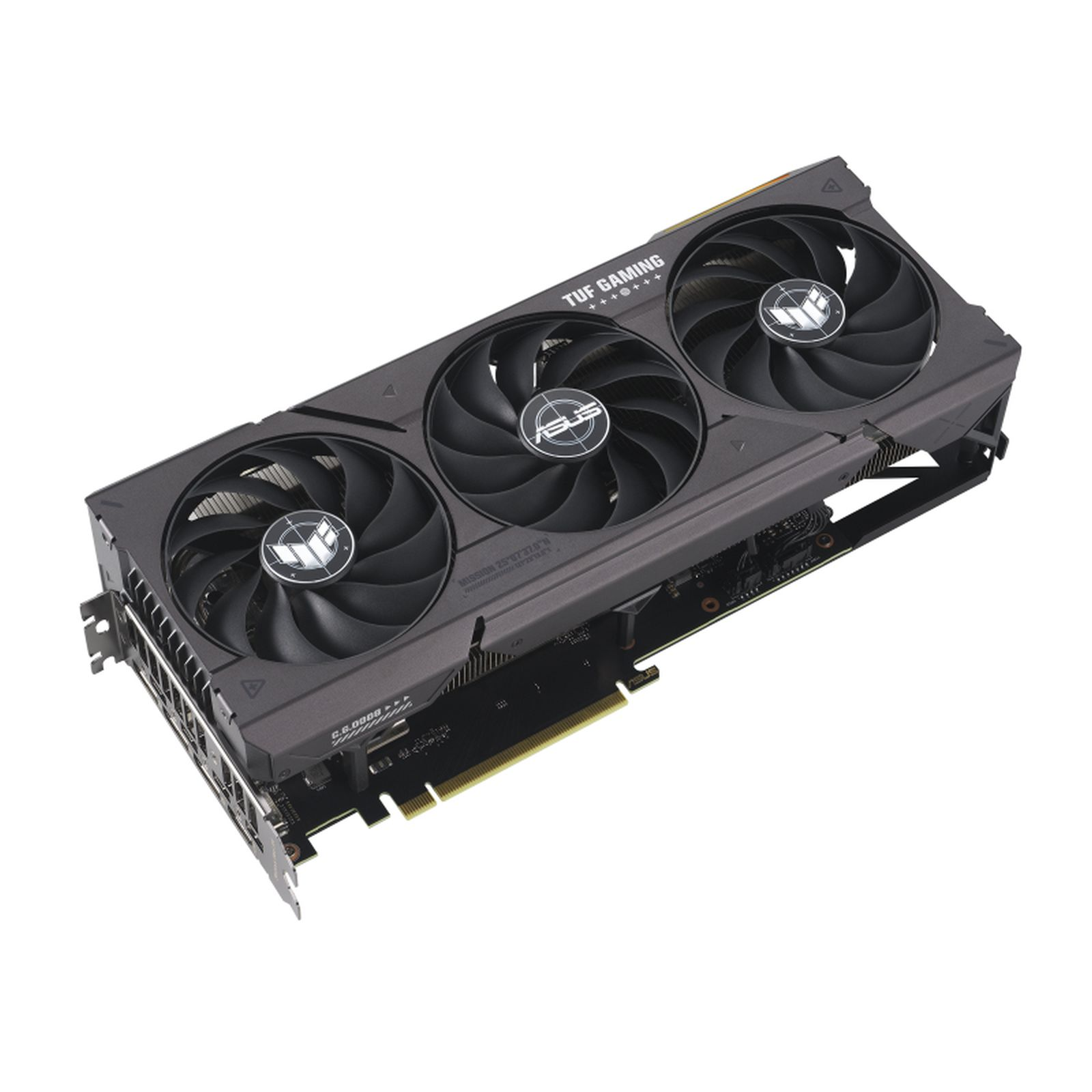 Una scheda grafica ASUS TUF Gaming nera e grigia con tre ventole, su sfondo bianco.