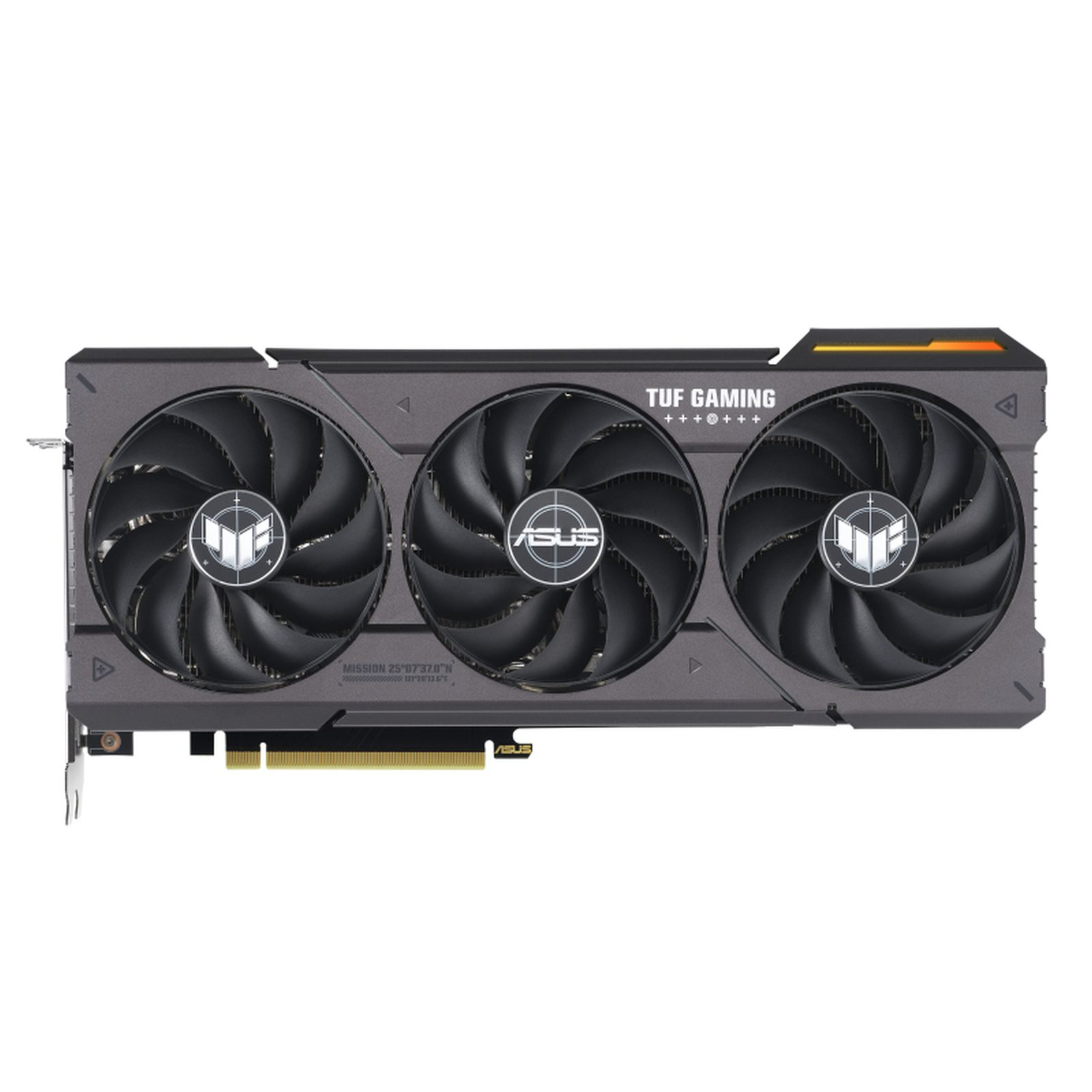 Scheda grafica ASUS TUF Gaming con tre ventole, design nero e grigio. Sfondo bianco.