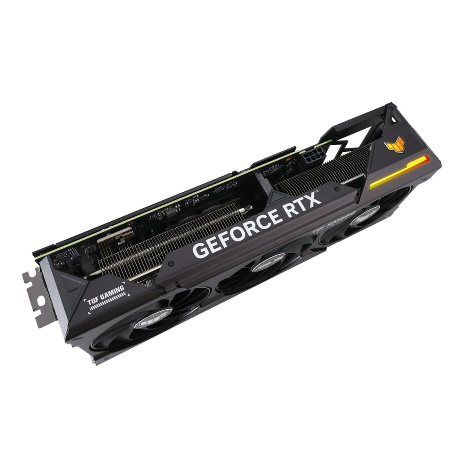 Scheda grafica GeForce RTX, nera e grigia. Vista angolata, ventola visibile, su sfondo bianco.