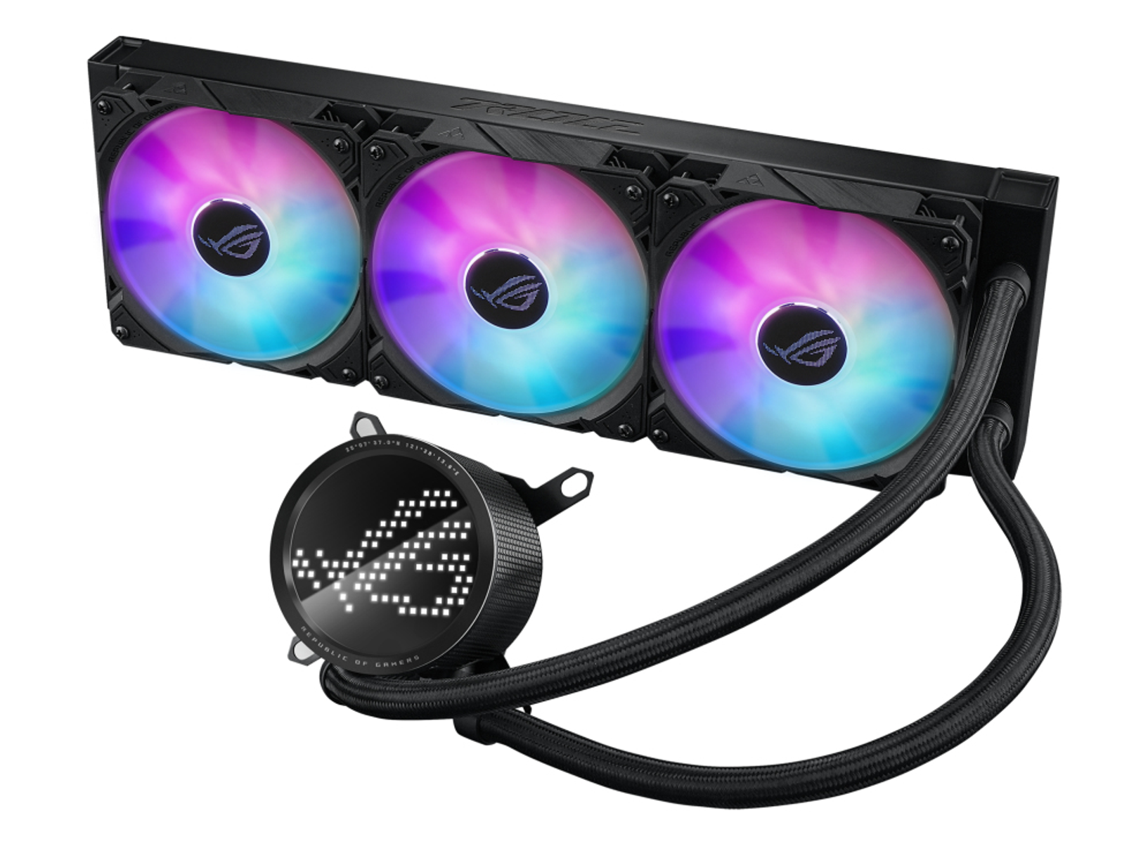 Ein Computer-Kühlsystem mit drei Lüftern, Schläuchen und einer kreisförmigen Pumpe, alles schwarz mit RGB-Beleuchtung.