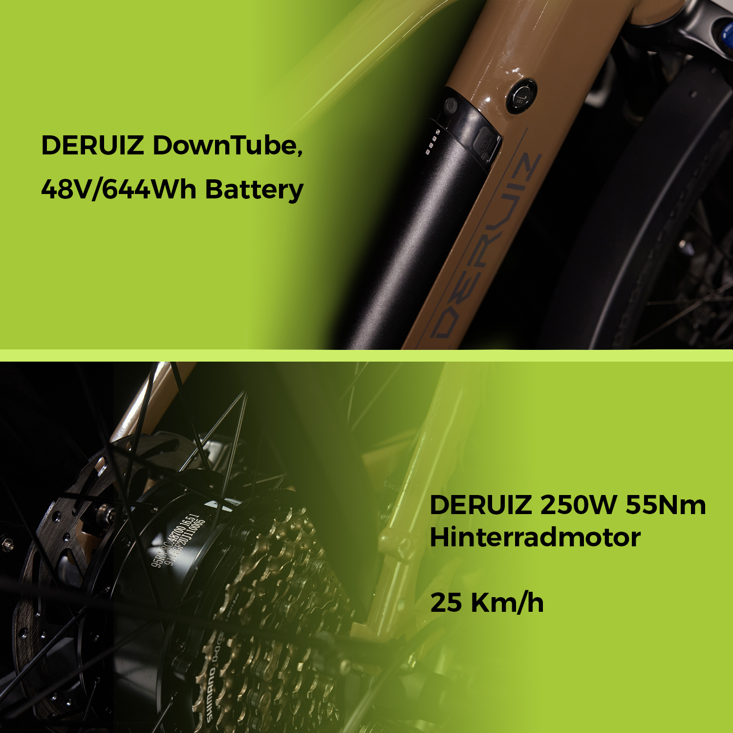 Nahaufnahme von Fahrradteilen. Rahmen mit DERUIZ-Logo. Rad mit Motor- und Geschwindigkeitsdetails.