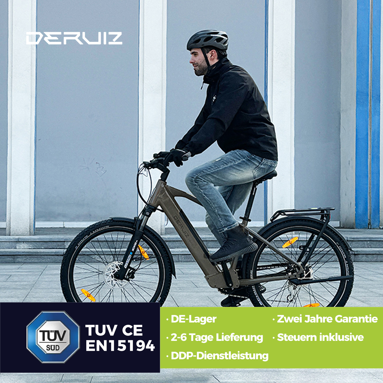 Mann fährt ein Deruiz Elektrofahrrad mit Produktdetails und Logos in der Ecke.