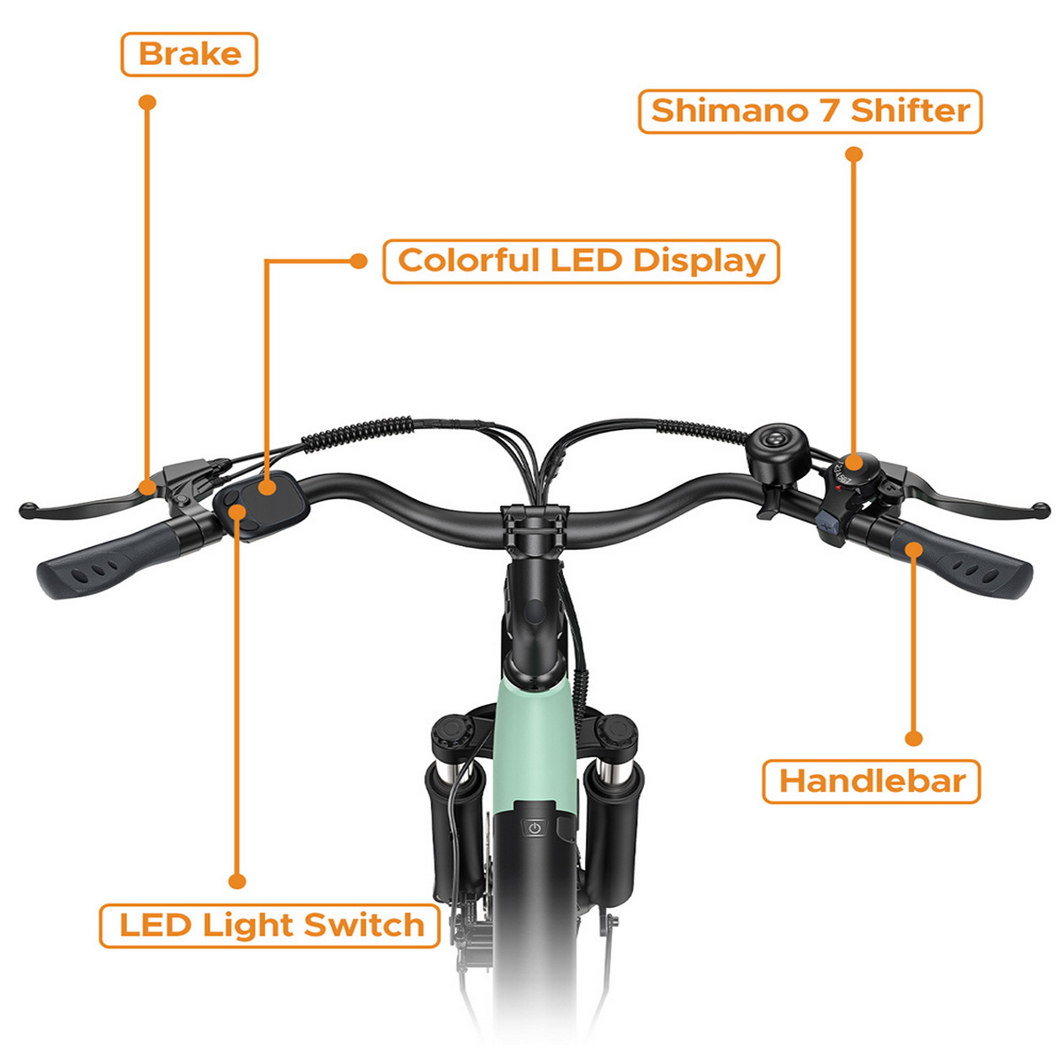 Manubrio della bicicletta con leve dei freni, campanello e display LED colorato. È visibile una bici verde.