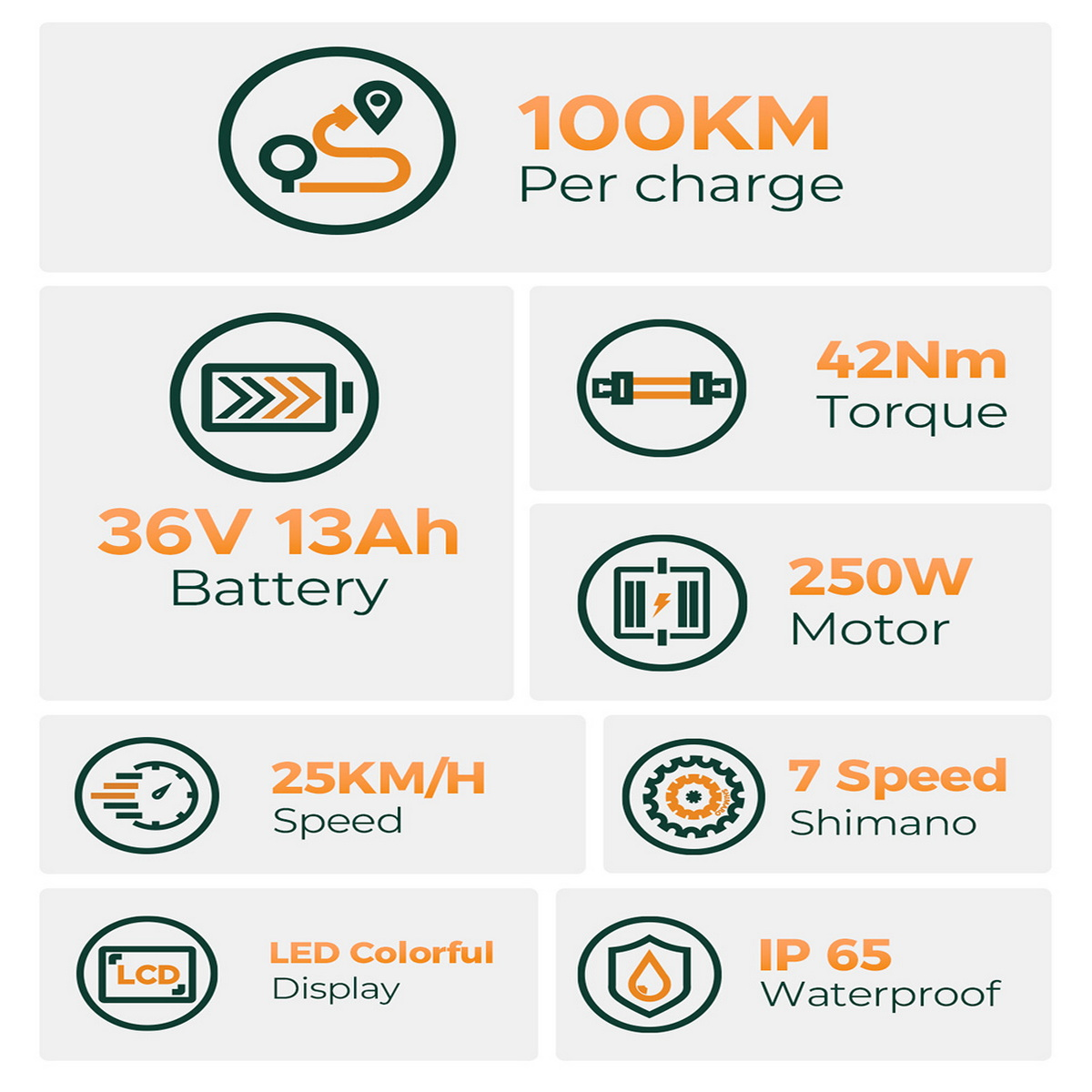 Infografica con dati su una e-bike. Include dettagli su batteria, motore, velocità e impermeabilità.