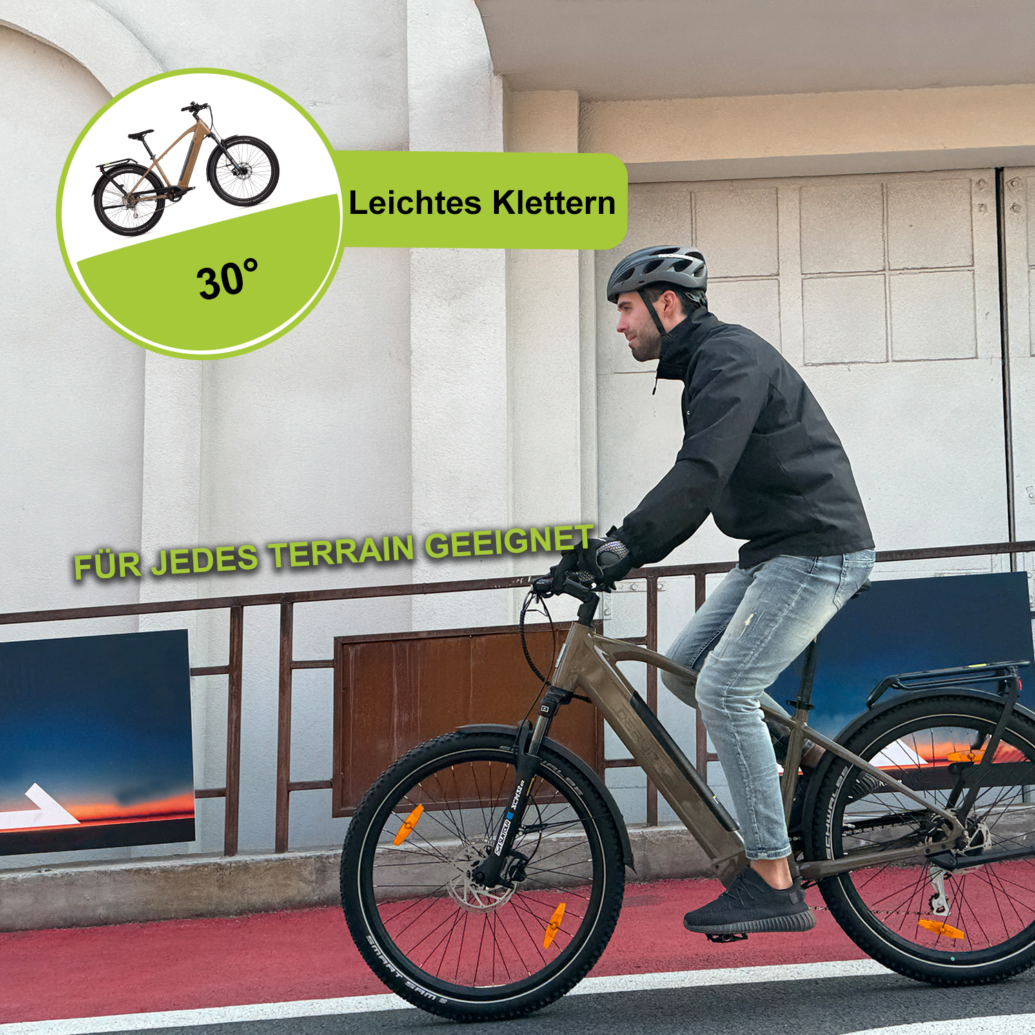 Mann fährt Fahrrad, mit grüner Grafik für das Klettern.
