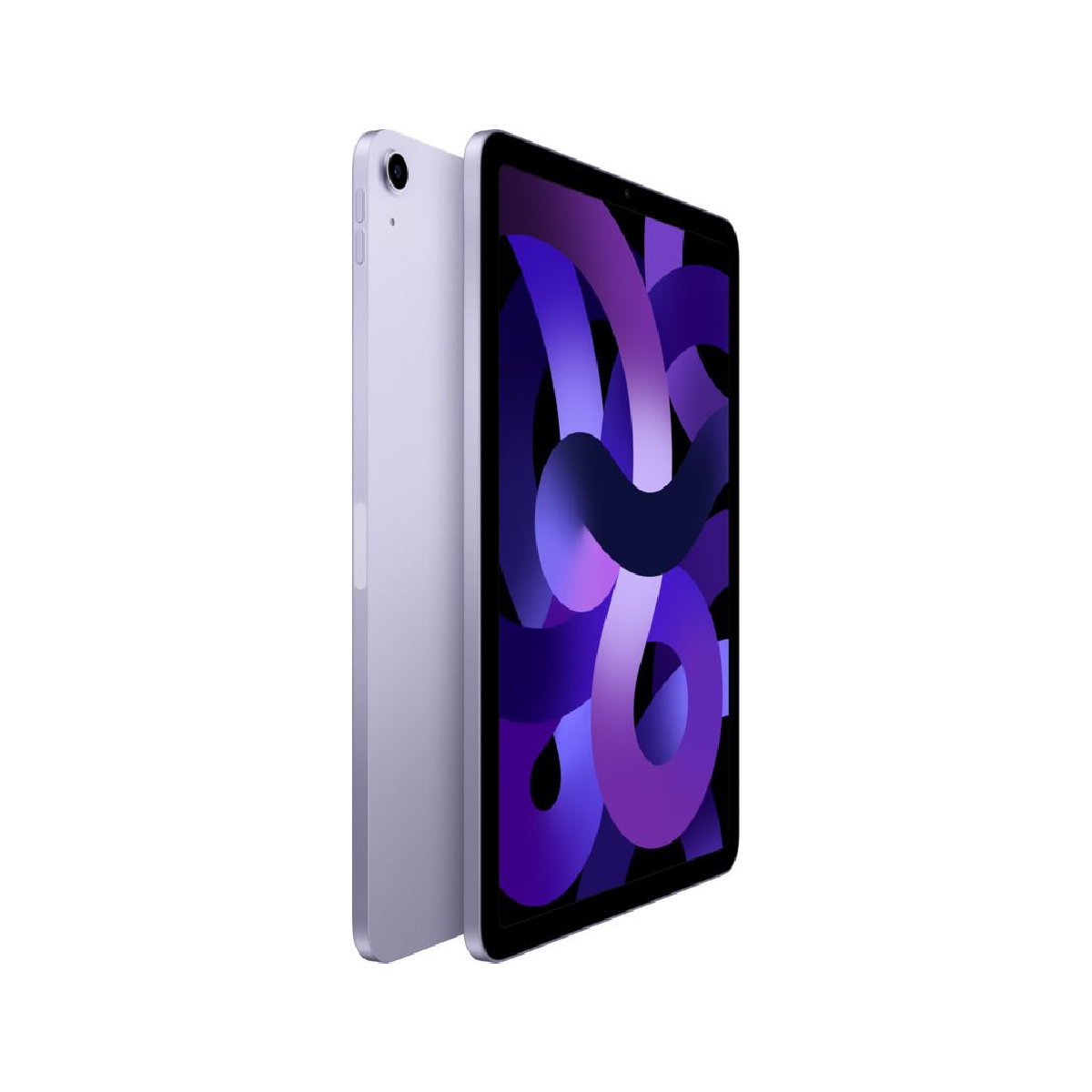 Een zilveren en paarse tablet. Hij ligt op zijn kant, met een paars en zwart ontwerp op het scherm.