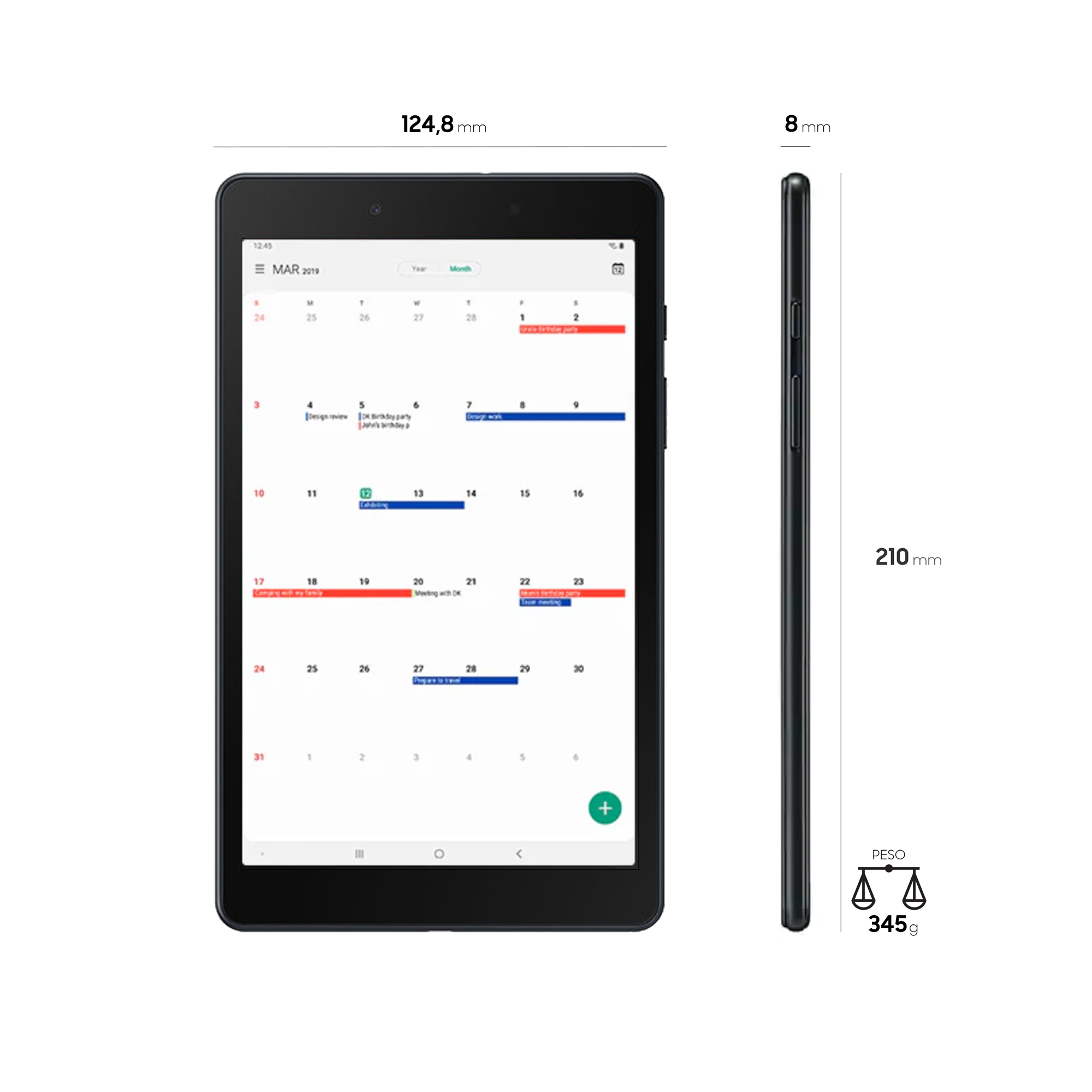 Tablet z otwartym kalendarzem. Wymiary: 124,8 mm x 210 mm, waga 345 g. Zielony profil boczny.