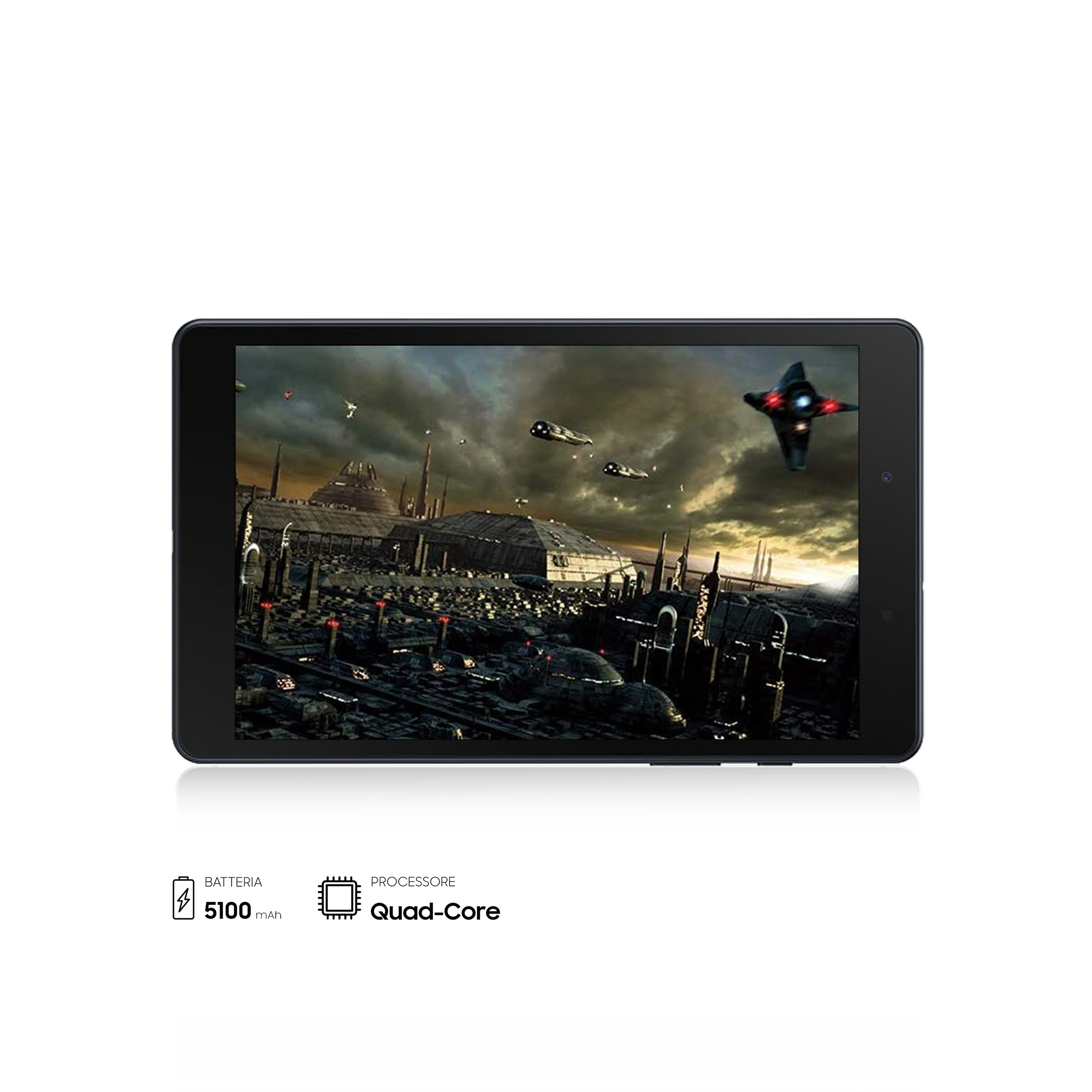 Czarny tablet wyświetlający scenę science-fiction, z ikonami baterii i procesora poniżej.