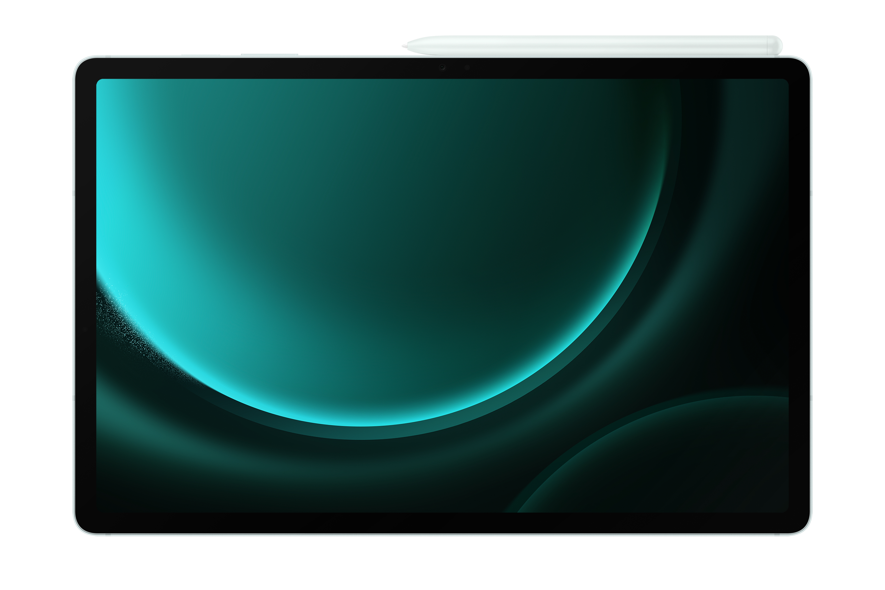 Tableta con pantalla de gradiente verde y lápiz óptico, sobre fondo blanco.