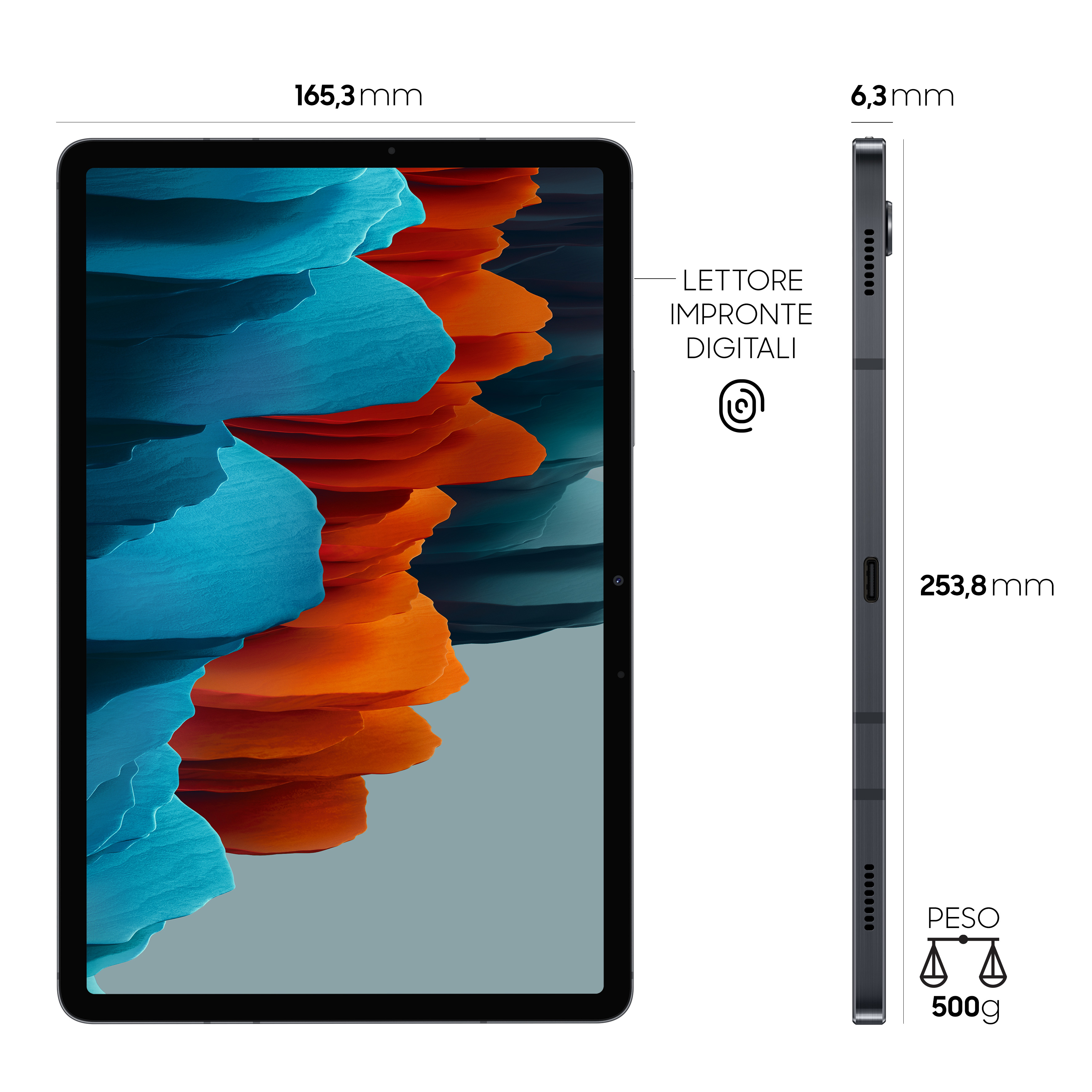 Tablet met afmetingen, zijaanzicht met vingerafdruklezer en gewicht van 500g. Scherm toont blauwe en oranje abstracte kunst.