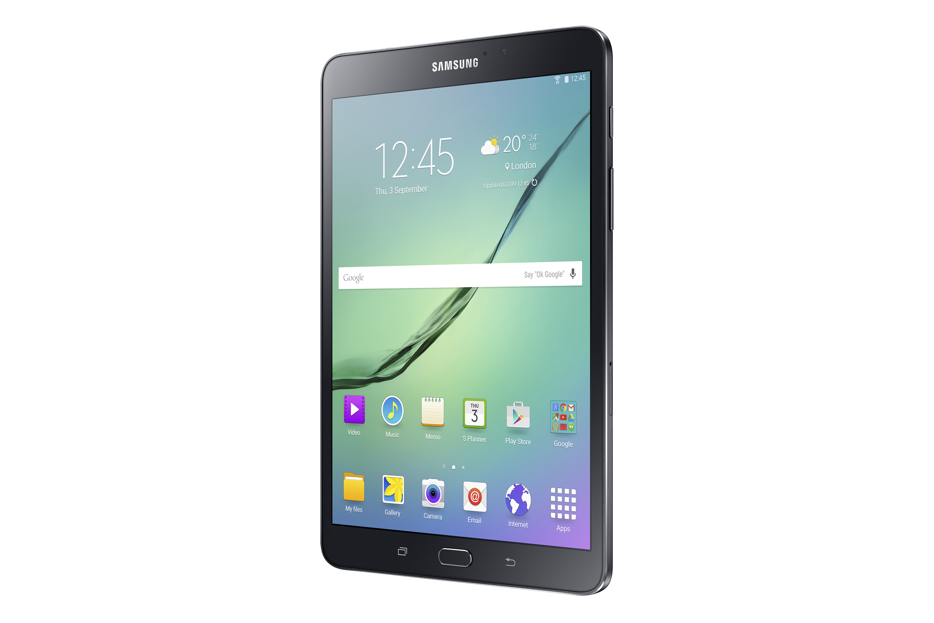 Tablet mit Bildschirm, der Zeit, Datum und App-Symbole zeigt.
