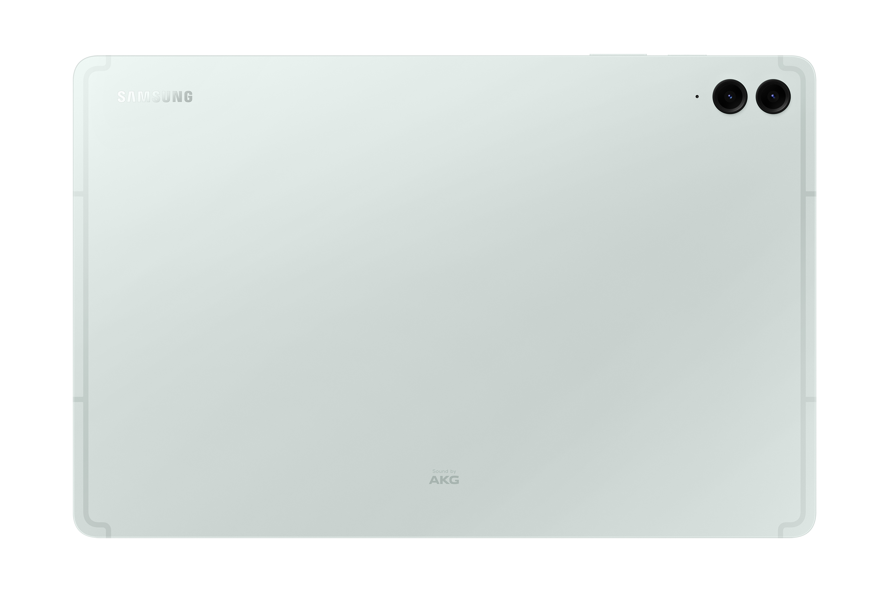 Una tableta verde claro, vista trasera. Tiene una configuración de cámara dual y los logotipos de Samsung y AKG.