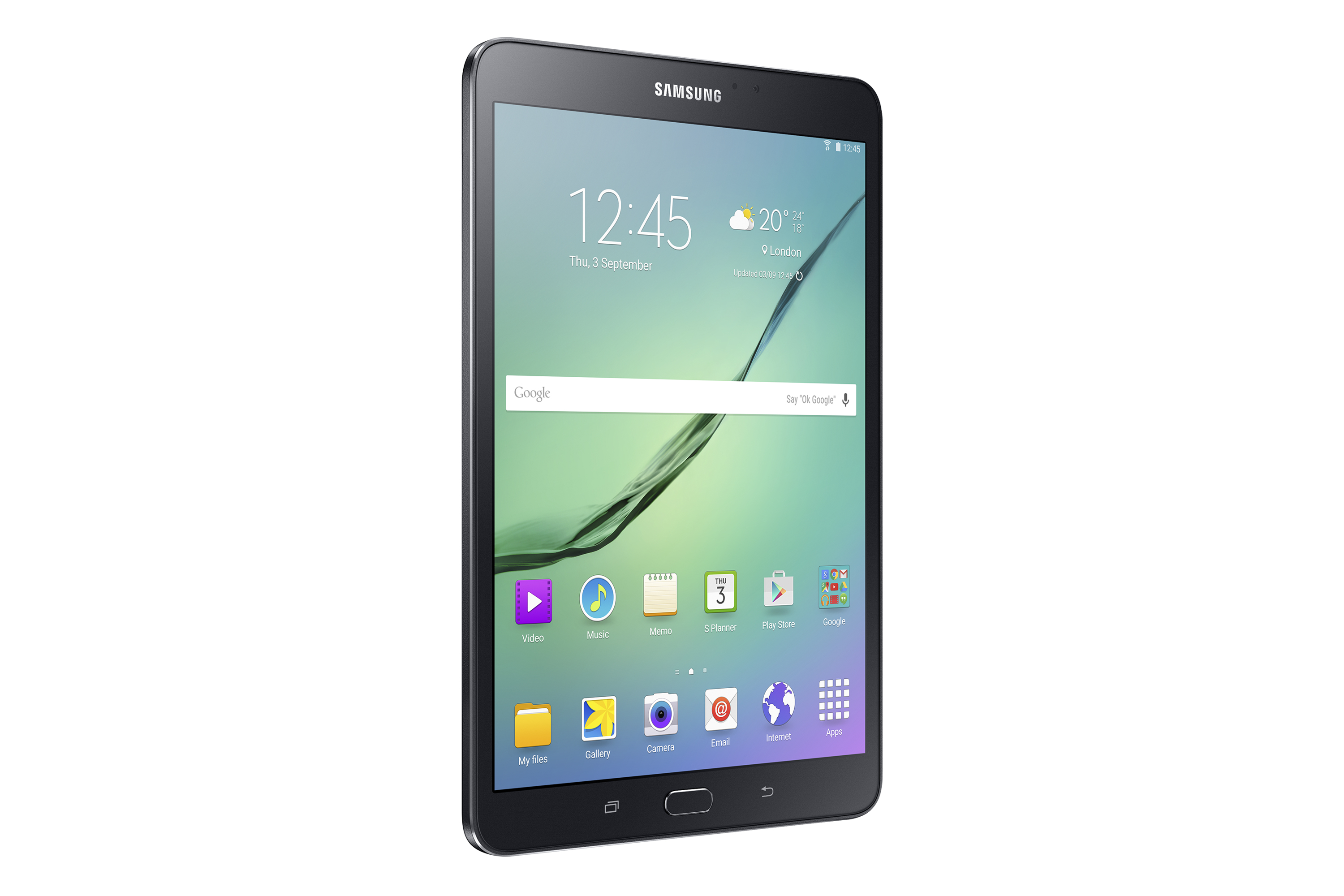 Ein schwarzes Tablet, das eine Kartenanwendung mit einem Startbildschirm zeigt.