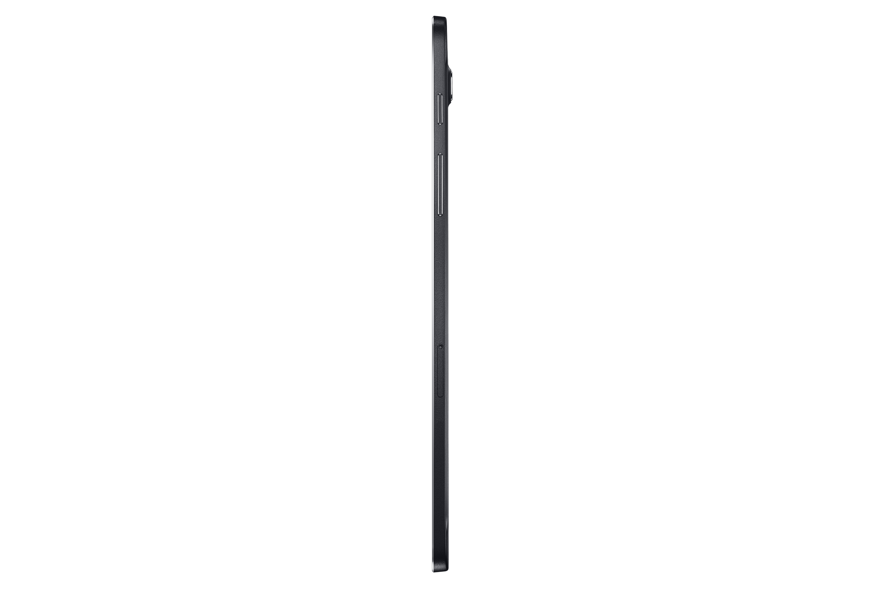 Tablet von der Seite, schwarze Farbe, weißer Hintergrund. Zeigt das dünne Seitenprofil.