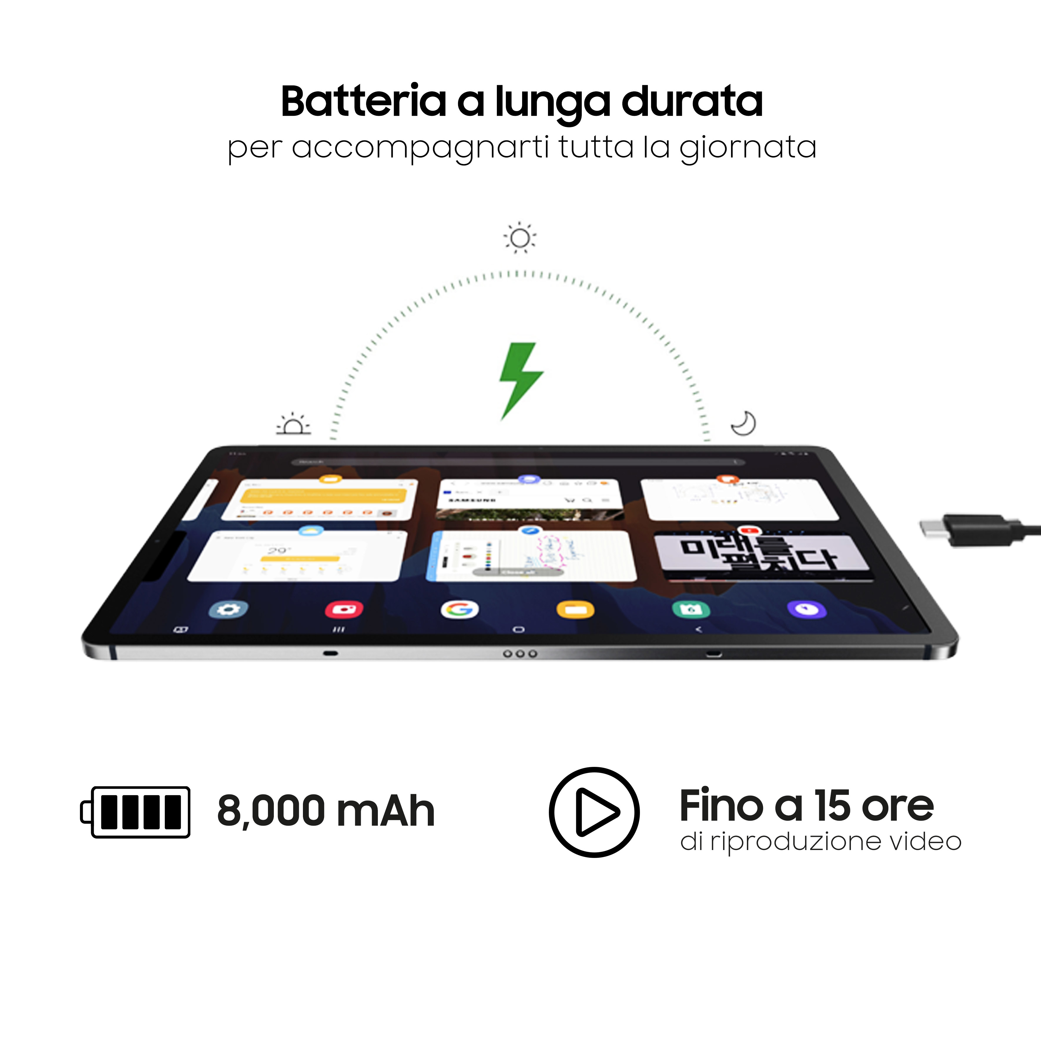 Tablet met app-pictogrammen op het scherm, een oplaadkabel en tekst over de batterijduur.