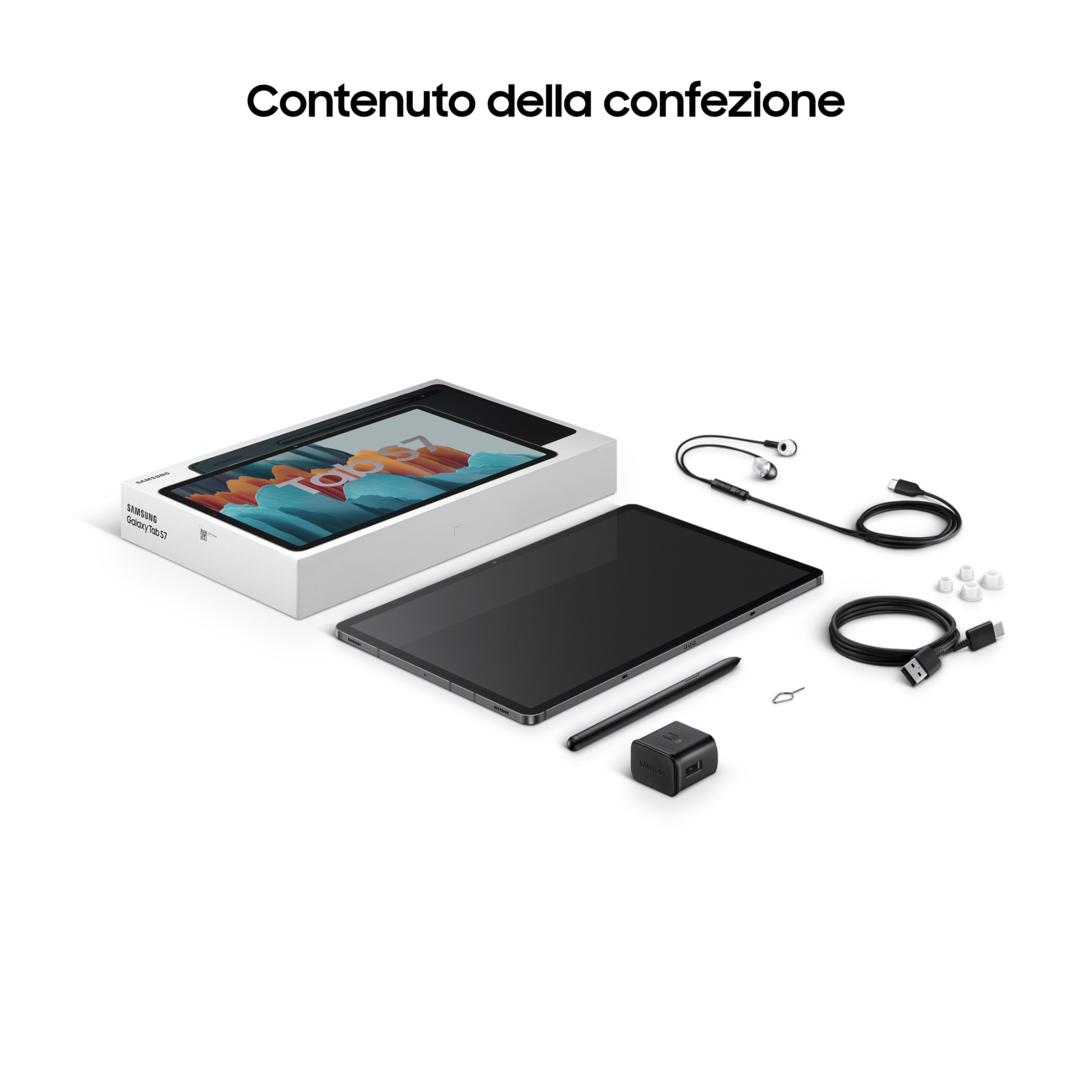 Tablet, doos, accessoires zoals koptelefoon en oplader op een wit oppervlak.