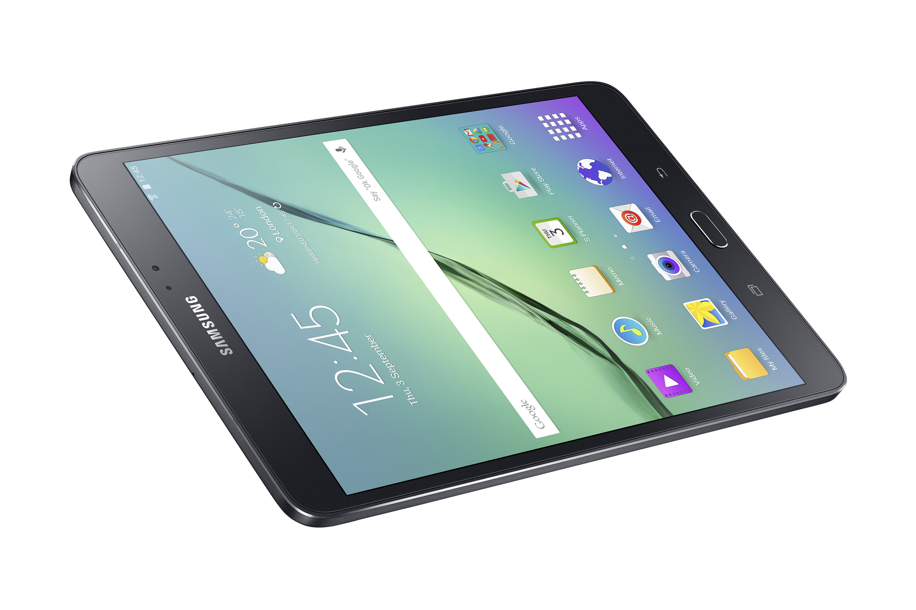 Tablet im Winkel, Bildschirm mit Apps und Zeit, schwarzer Rahmen, weißer Hintergrund.