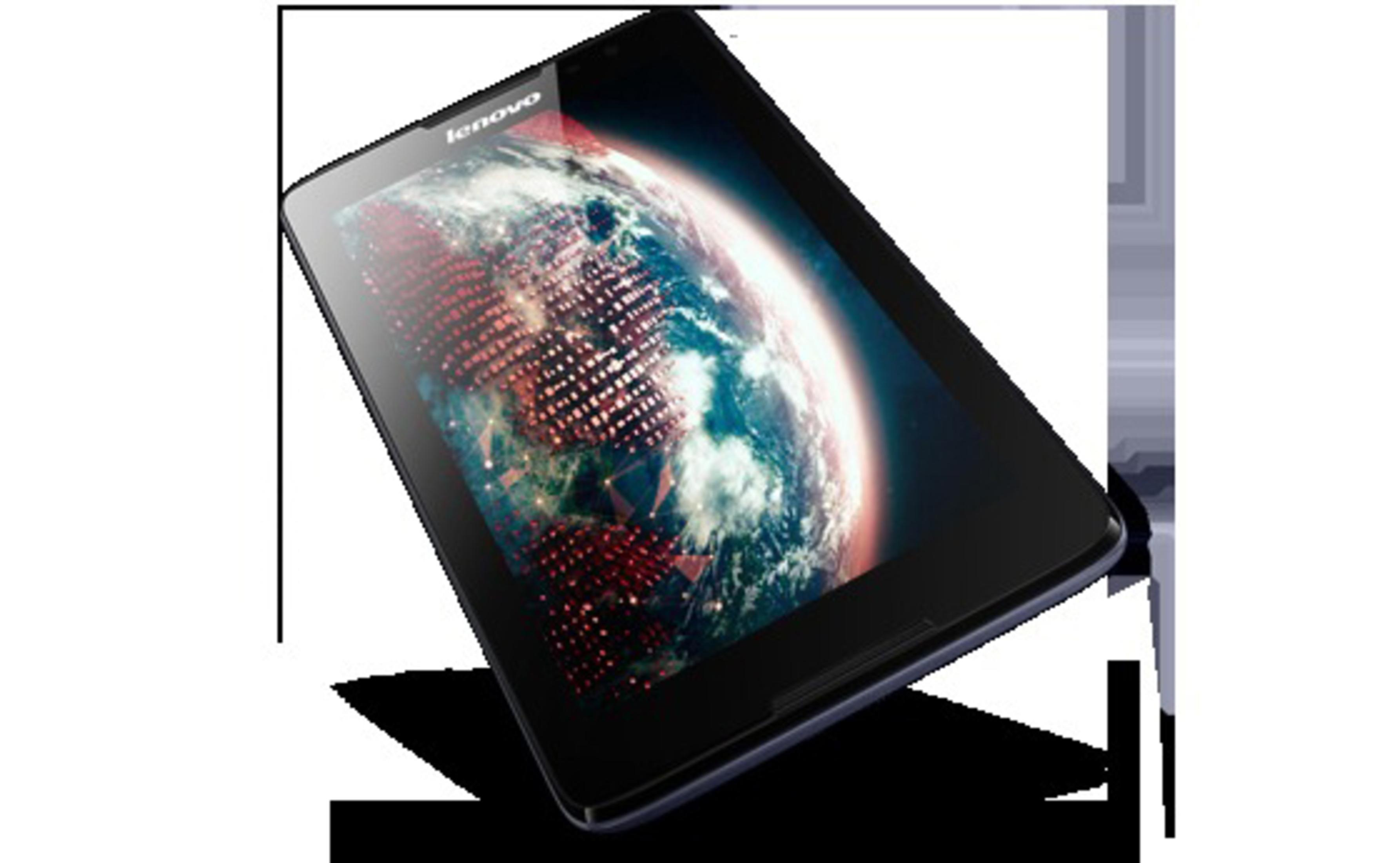 Lenovo-Tablet, das ein Bild der Erde auf dem Bildschirm zeigt, leicht abgewinkelt, auf weißem Hintergrund.