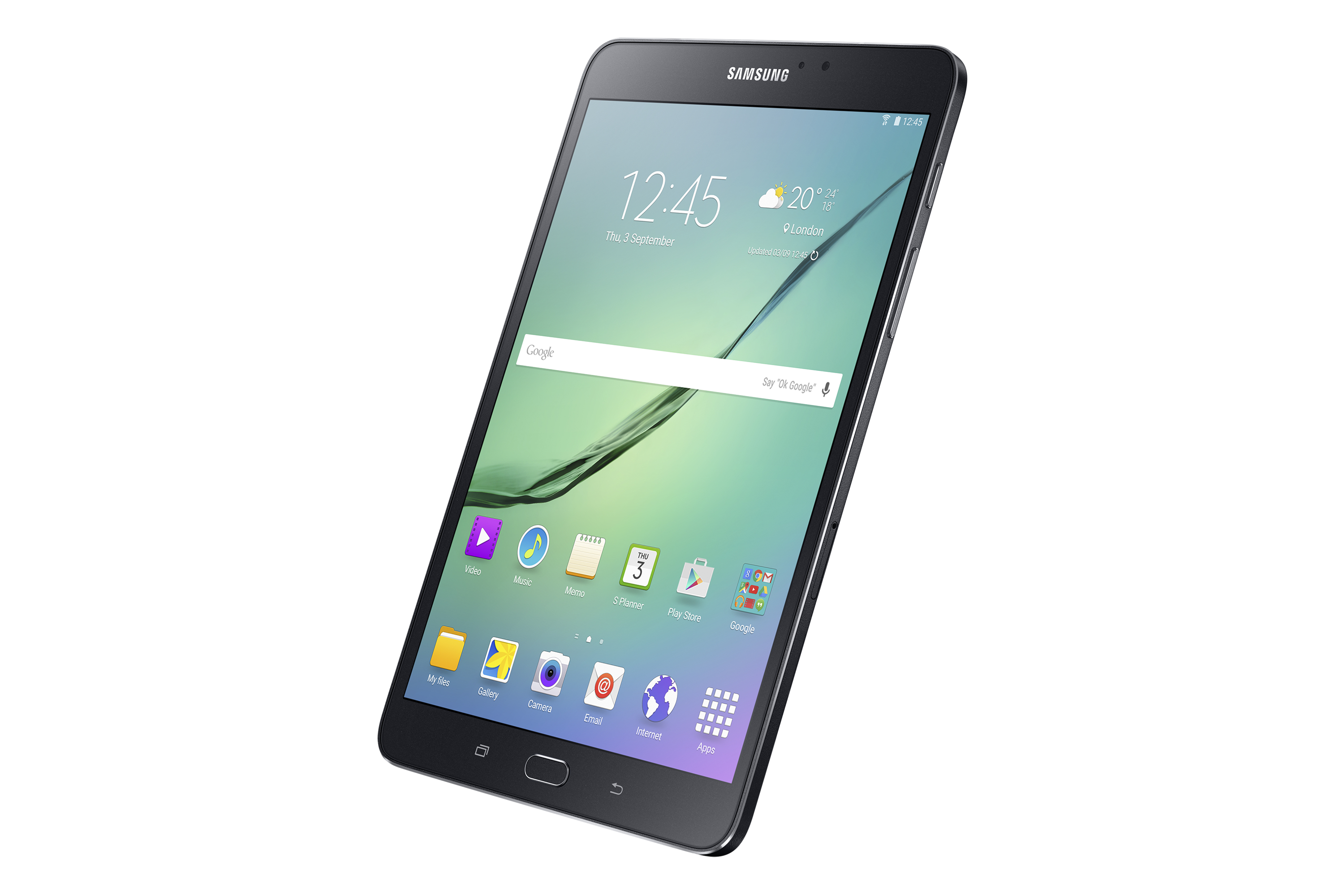 Ein schwarzes Samsung Tablet, das die Uhrzeit 12:45 auf dem Bildschirm anzeigt, mit sichtbaren App-Symbolen.