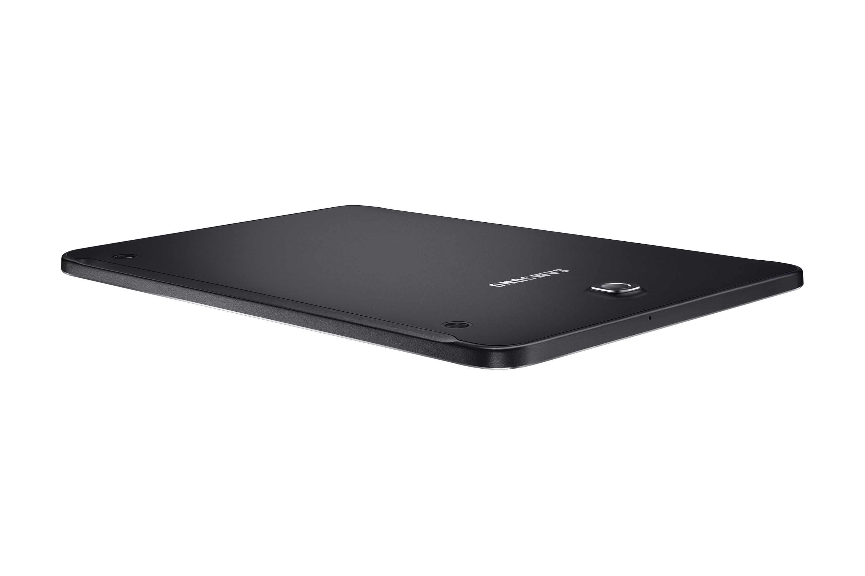 Schwarzes Tablet, flach liegend, Rückseite zeigend. Samsung-Logo auf weißem Hintergrund.
