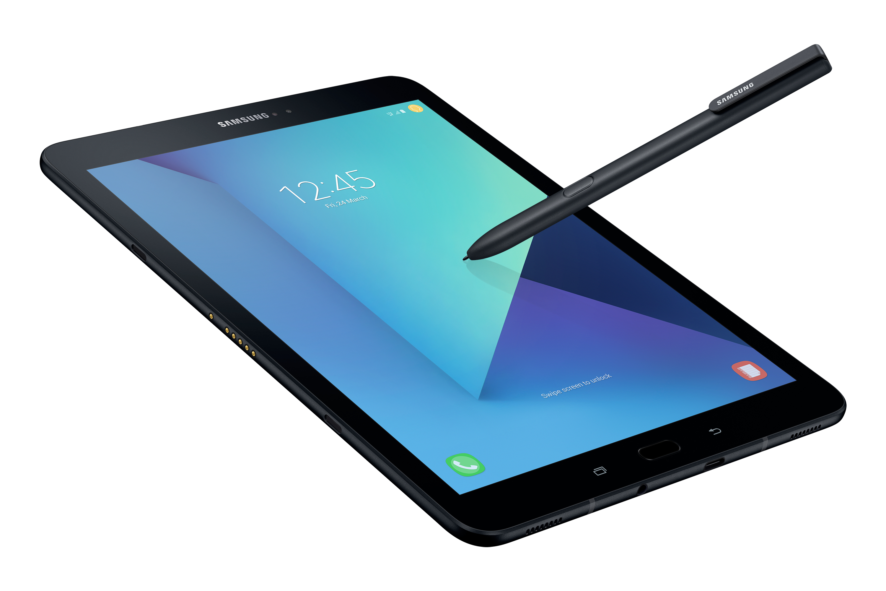 Tableta Samsung negra con lápiz. Pantalla azul, muestra hora y apps. En superficie blanca.