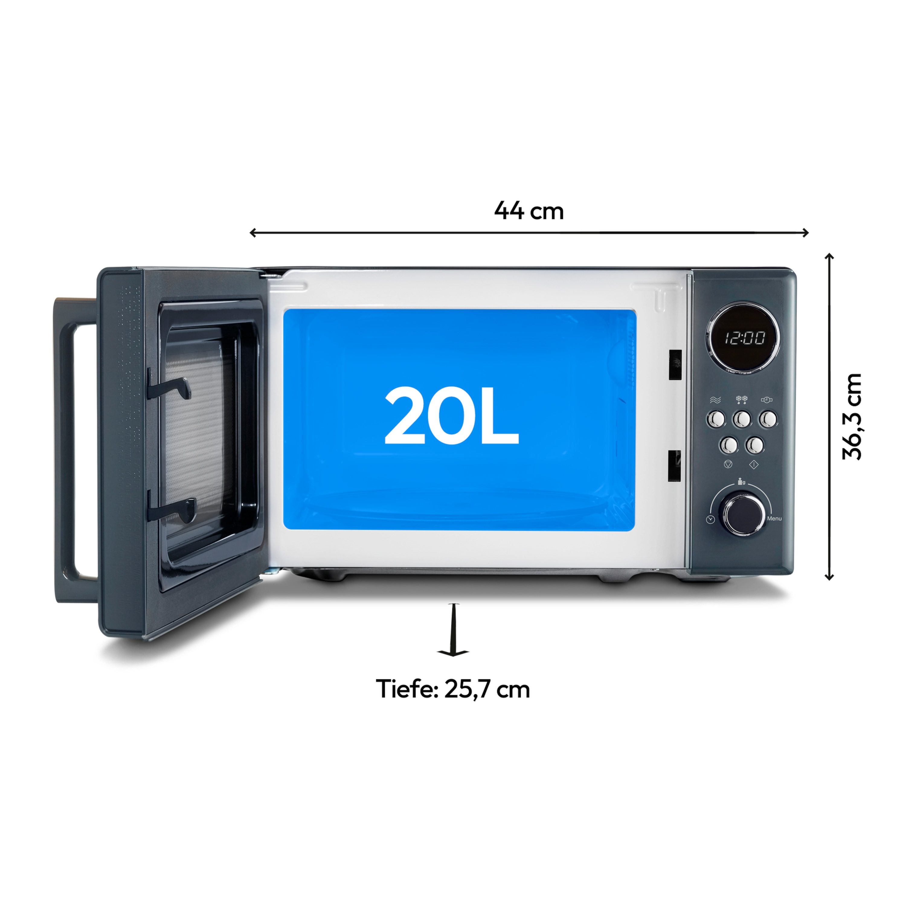 Kuchenka mikrofalowa z otwartymi drzwiami. Wnętrze pokazuje pojemność 20L. Wyświetla wymiary.