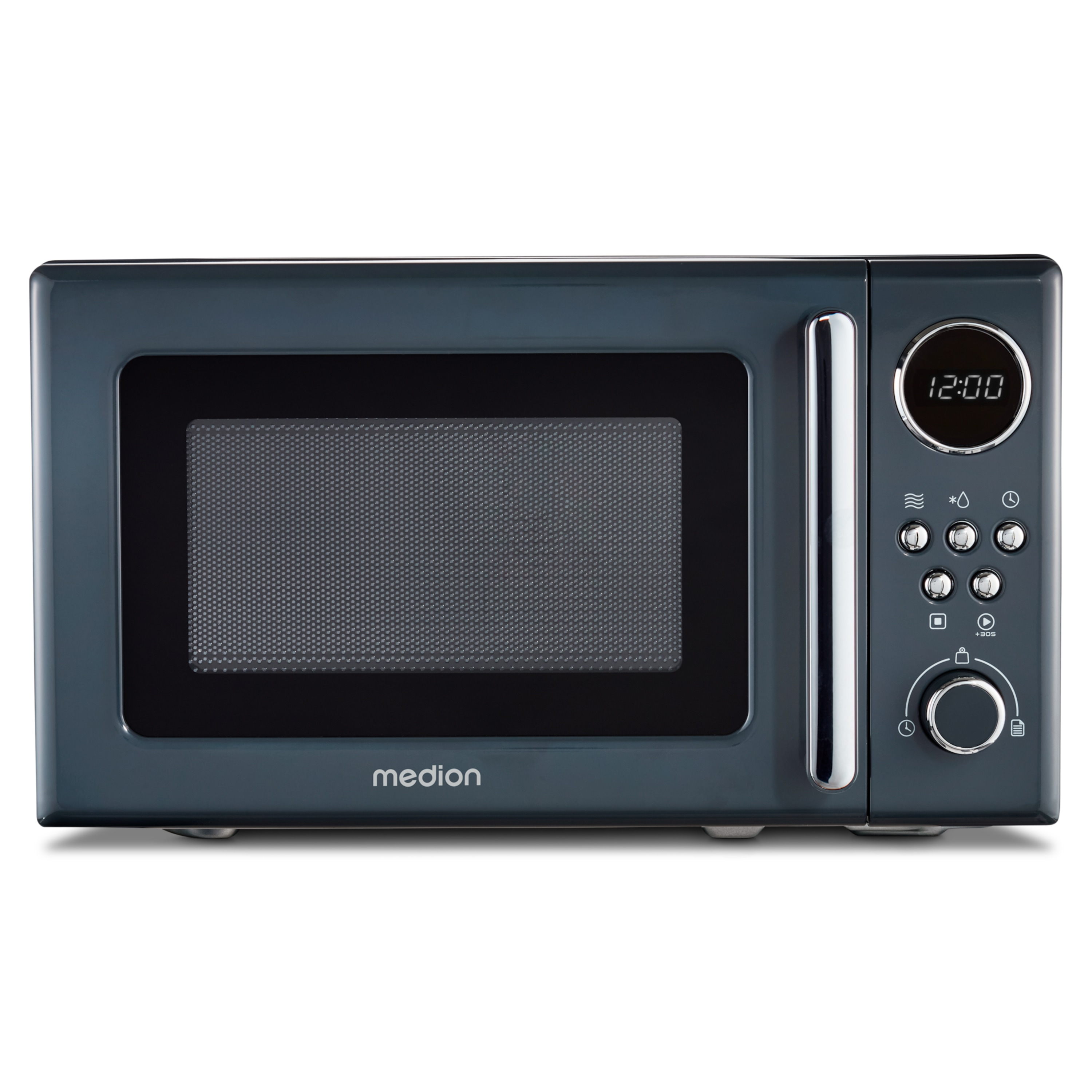 Ciemnoszara kuchenka mikrofalowa z zegarem cyfrowym i przyciskami. Ma czarne drzwi. Białe tło.