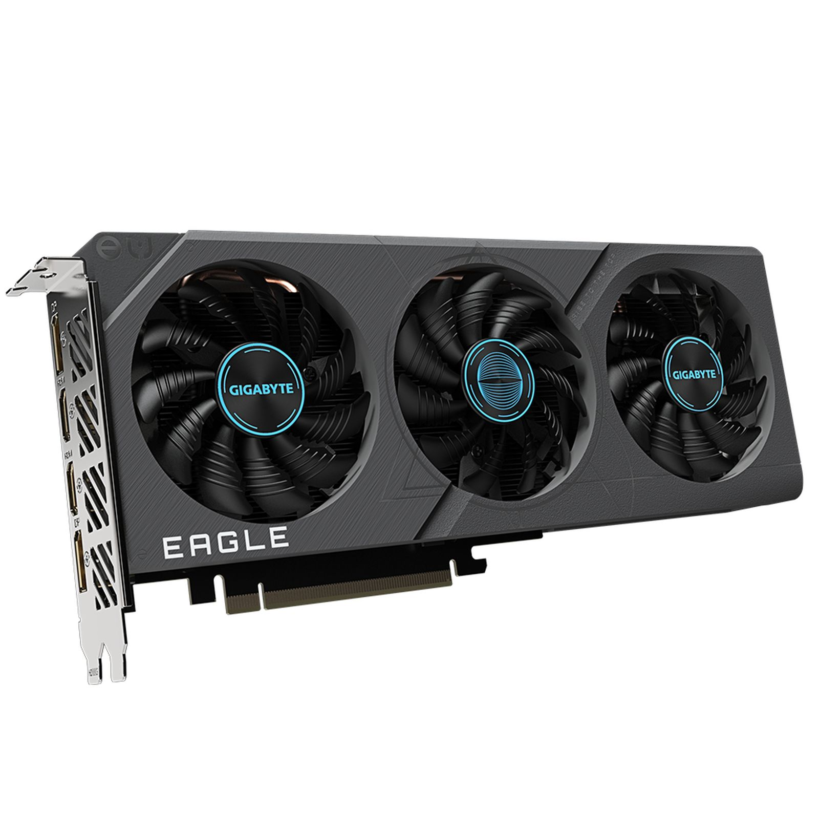 Una scheda grafica Gigabyte Eagle con tre ventole, che mostra il logo Gigabyte e la parola EAGLE.
