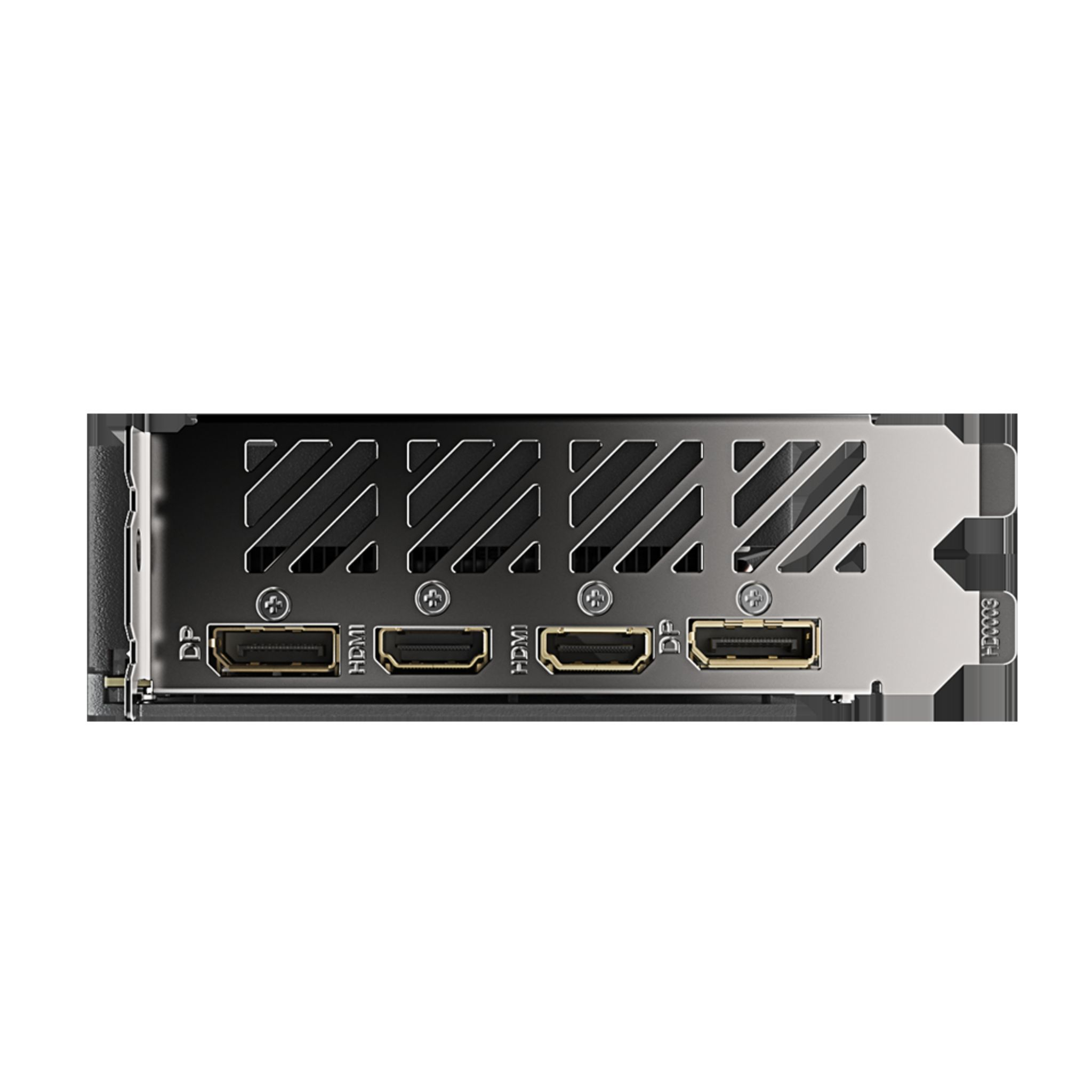 Primo piano delle porte della scheda grafica. Ha più porte HDMI e Display. Nero e argento.