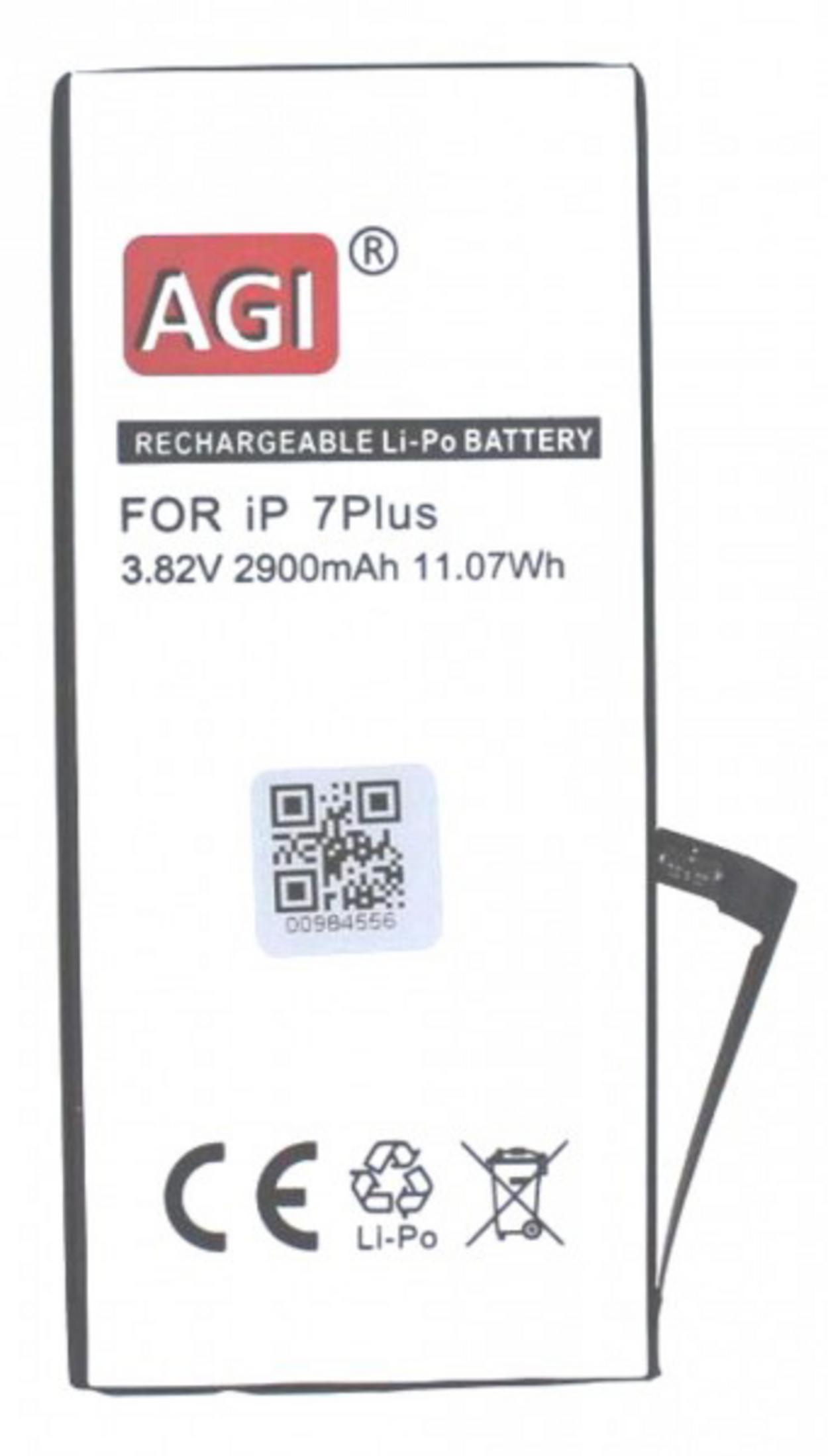 Weiße rechteckige Batterie mit Text und QR-Code, und ein schwarzes Flexkabel, isoliert auf Weiß.