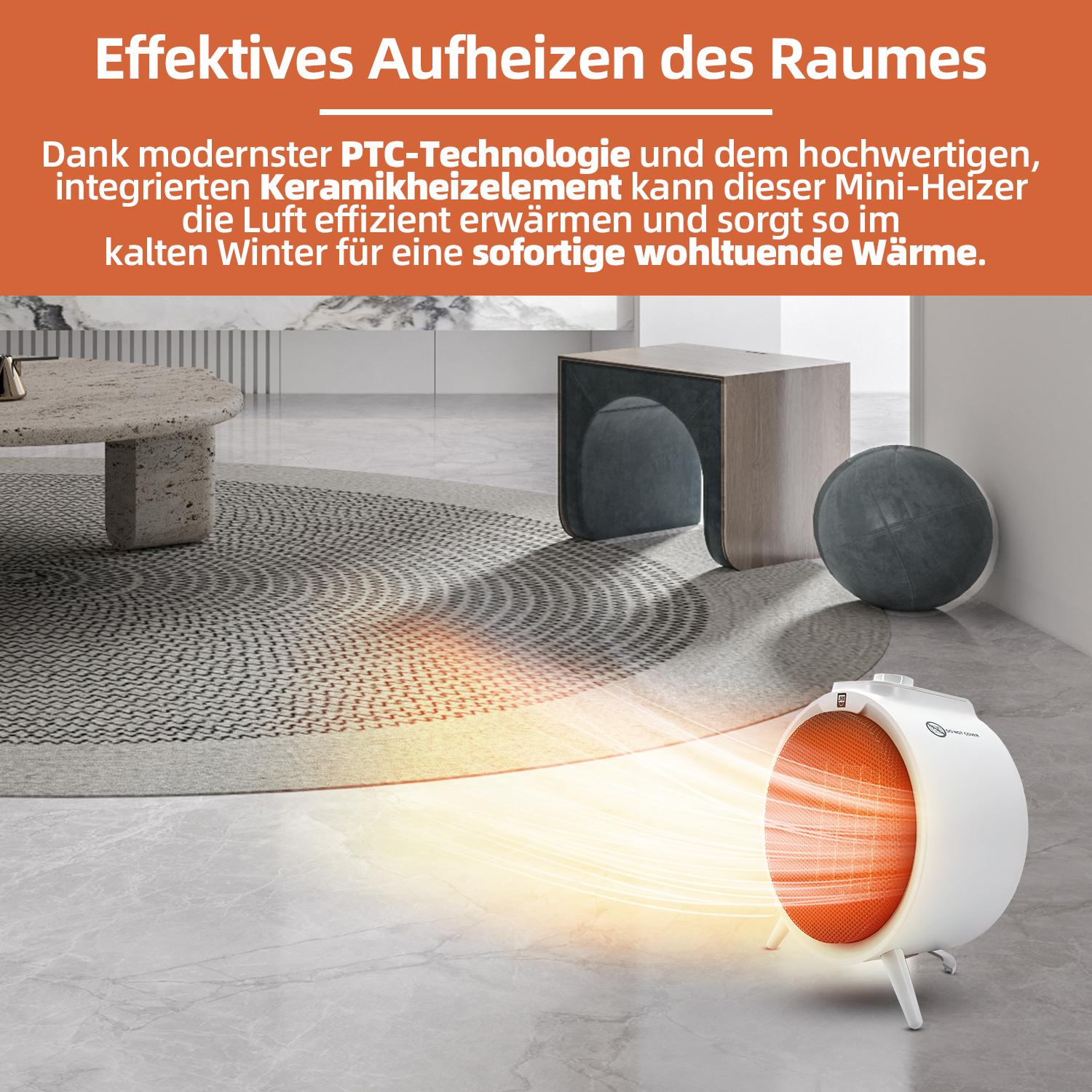 Ein weiß-oranger elektrischer Heizlüfter in einem Raum. Der Heizlüfter ist eingeschaltet und strahlt Wärme ab.