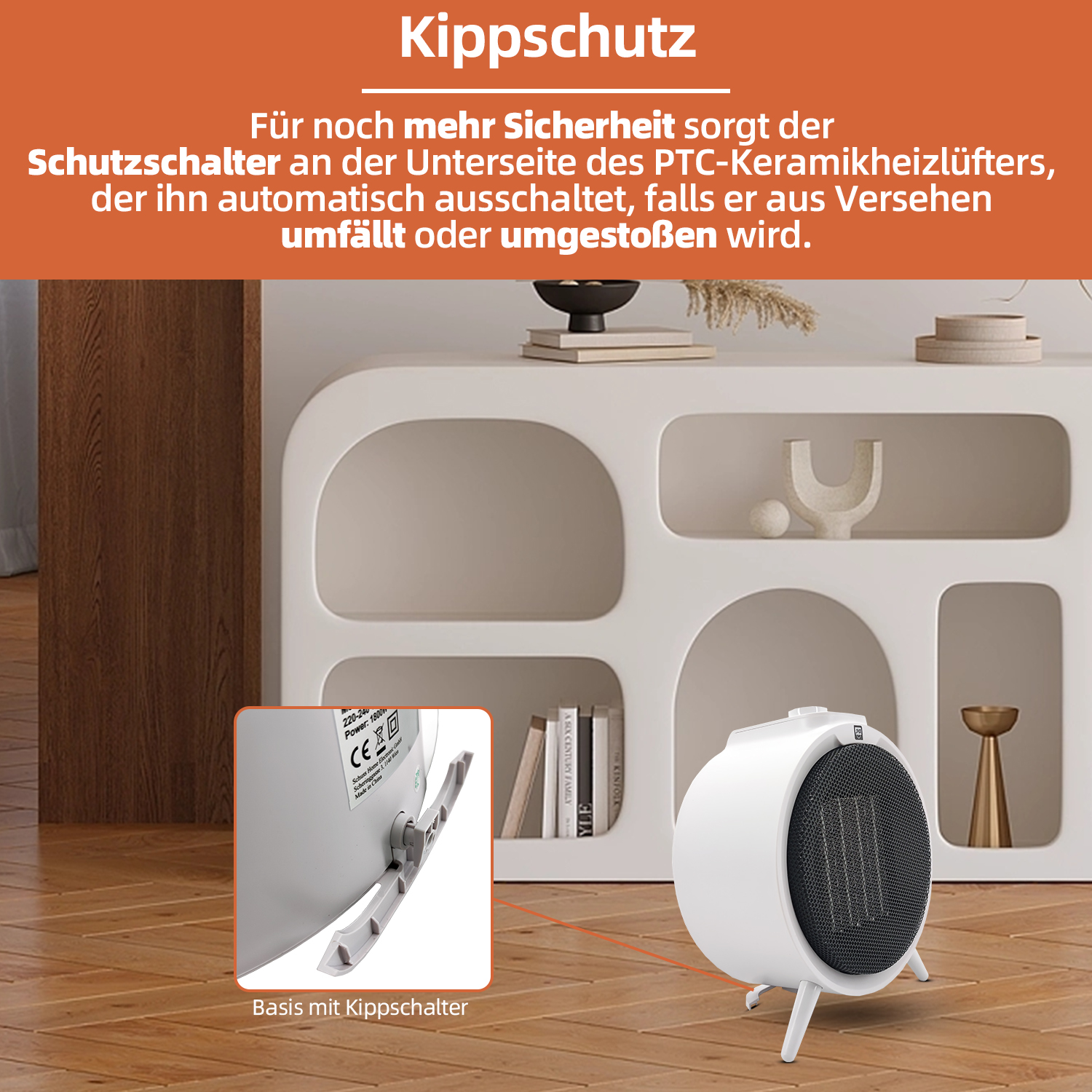 Weiß-graue Heizung mit Sicherheitsschalter, Text auf Deutsch, weißer Hintergrund.