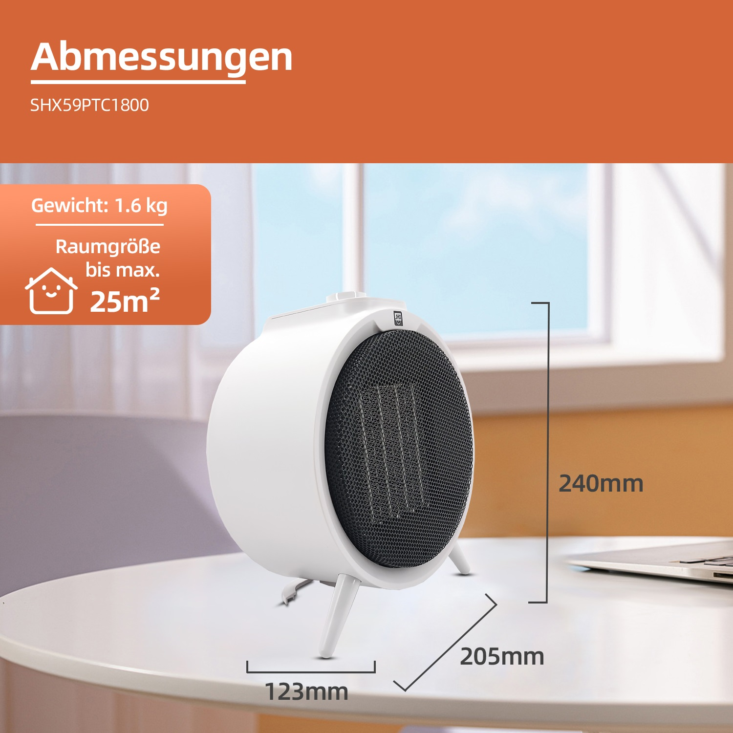 Weißer, runder Elektroheizer auf einem Tisch, mit Maßangaben. Abmessungen: 123 mm x 205 mm x 240 mm.