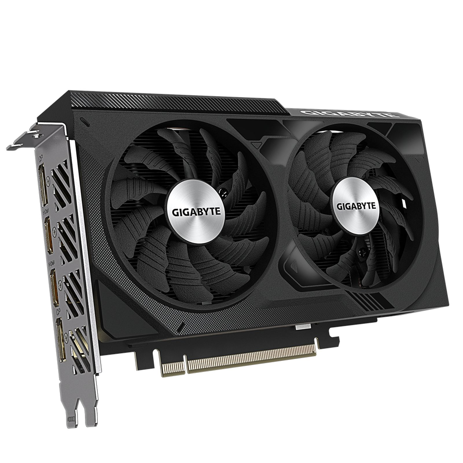 Una scheda grafica Gigabyte nera con due ventole su sfondo bianco, che mostra le sue porte.