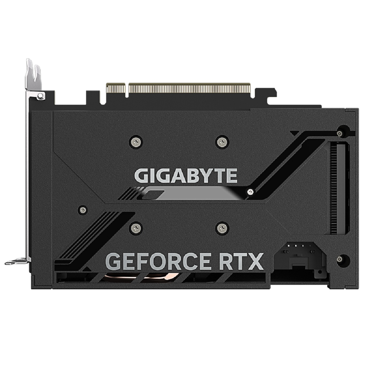 Una scheda grafica GIGABYTE GeForce RTX nera è mostrata con il marchio visibile.