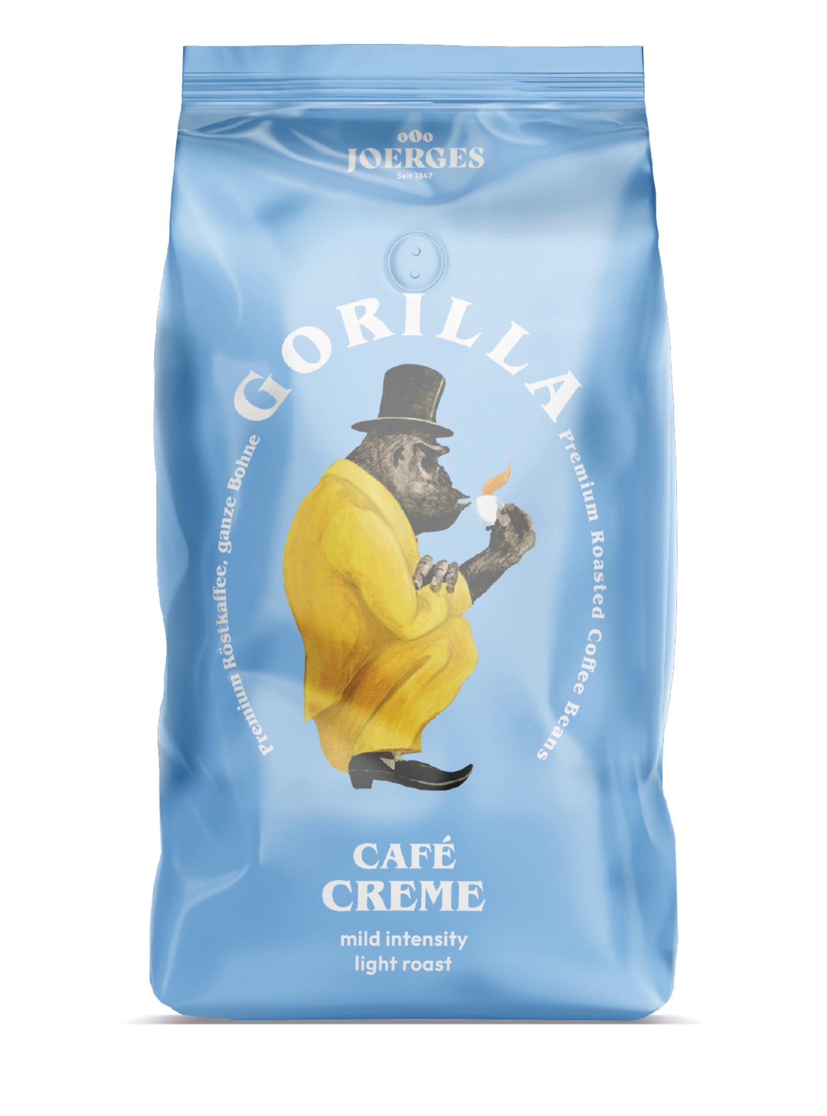 Sacco blu di chicchi di caffè con un'illustrazione di un gorilla con cappello e giacca gialla.
