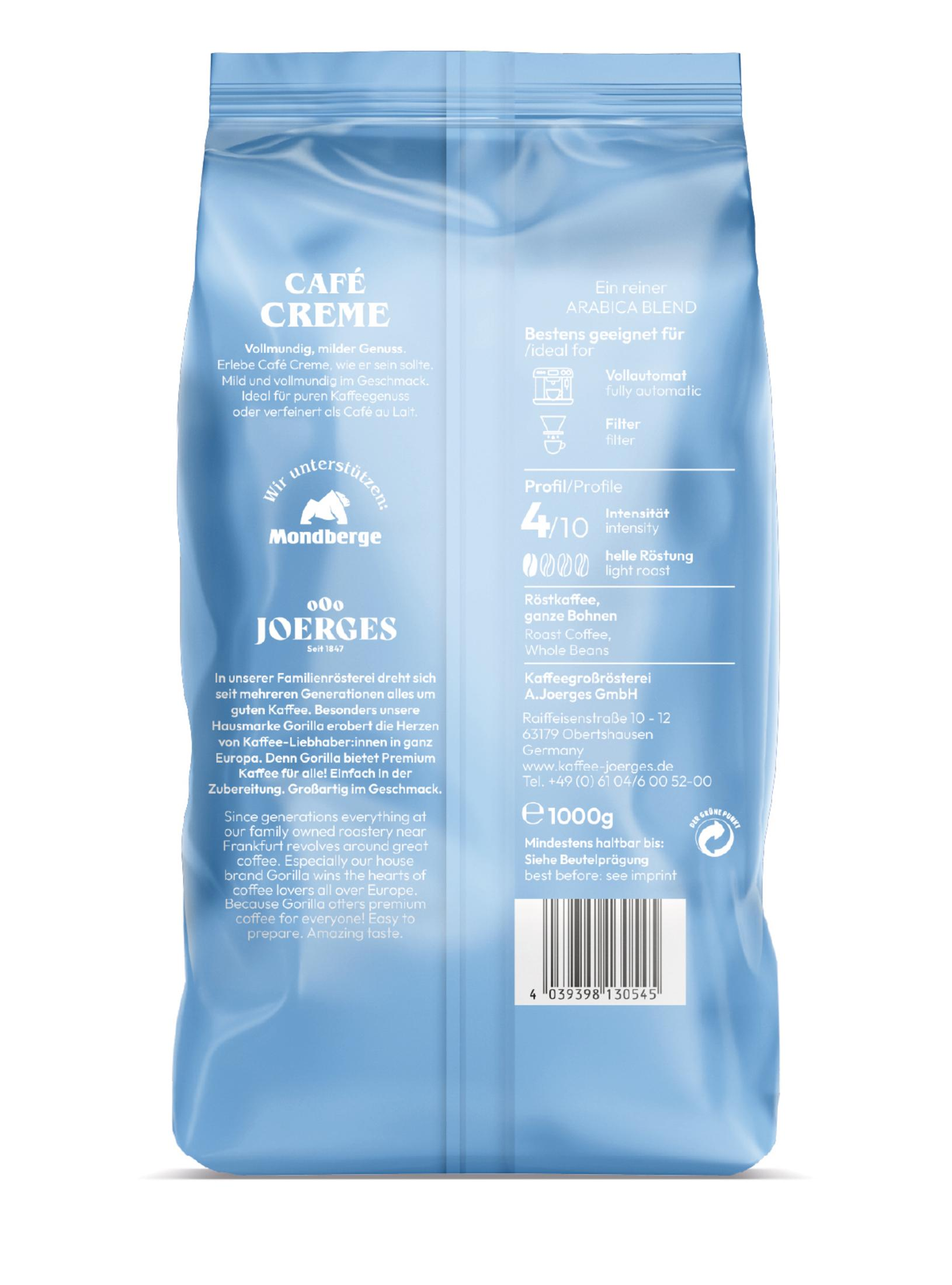Un sacchetto blu di chicchi di caffè, con testo e logo, su sfondo bianco.