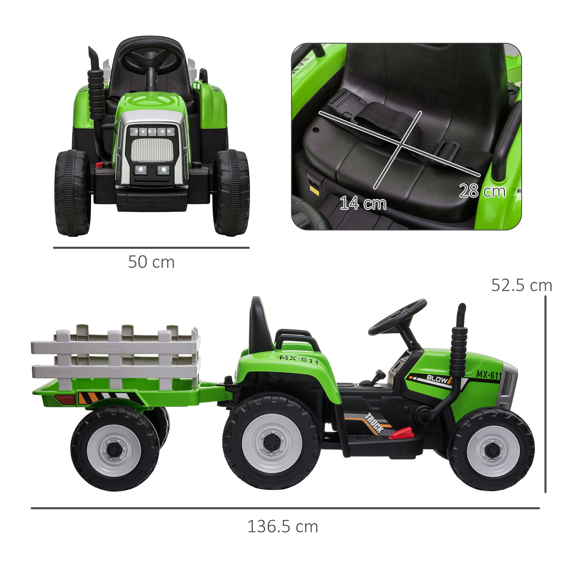 Trattore giocattolo verde con rimorchio, che mostra dimensioni e dettagli del sedile.