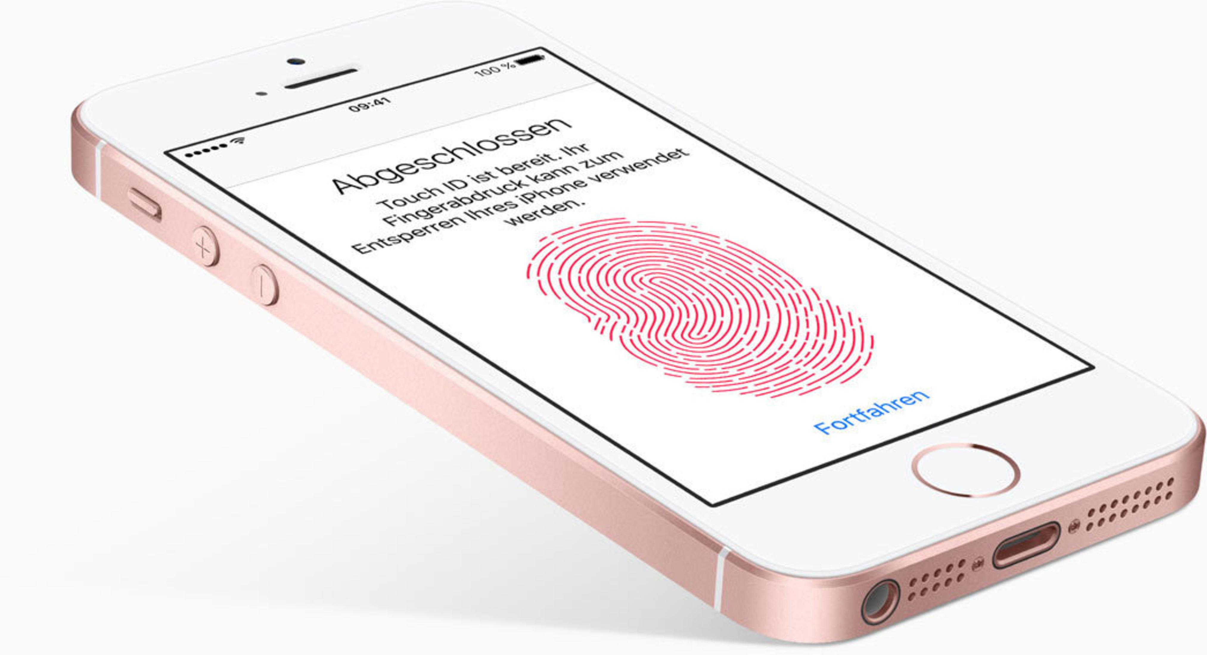 Roségoldenes iPhone zeigt Fingerabdruckscan mit deutschem Text, Button 'Fortfahren'.