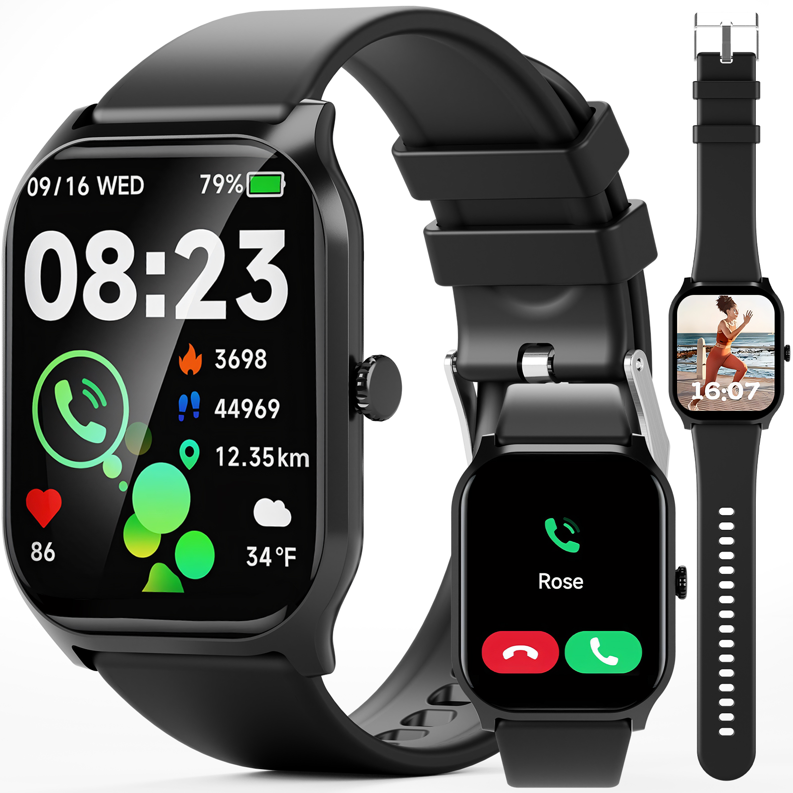 Schwarze Smartwatch, die Zeit, Statistiken und Benachrichtigungen über eingehende Anrufe anzeigt. Drei Uhren im Display.