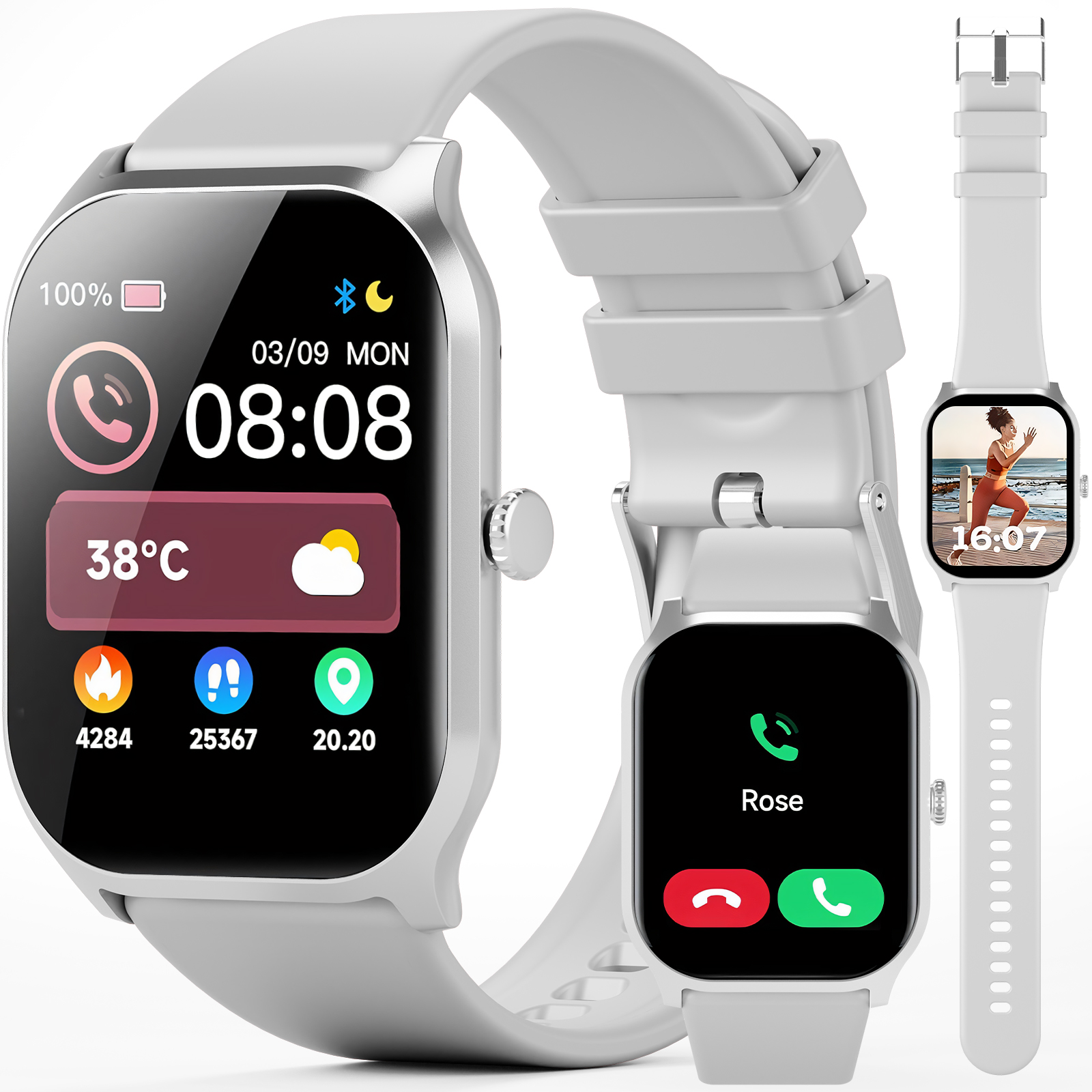 Smartwatch mit Zeit, Wetter und Benachrichtigungen, zwei weitere Ansichten auf Weiß.