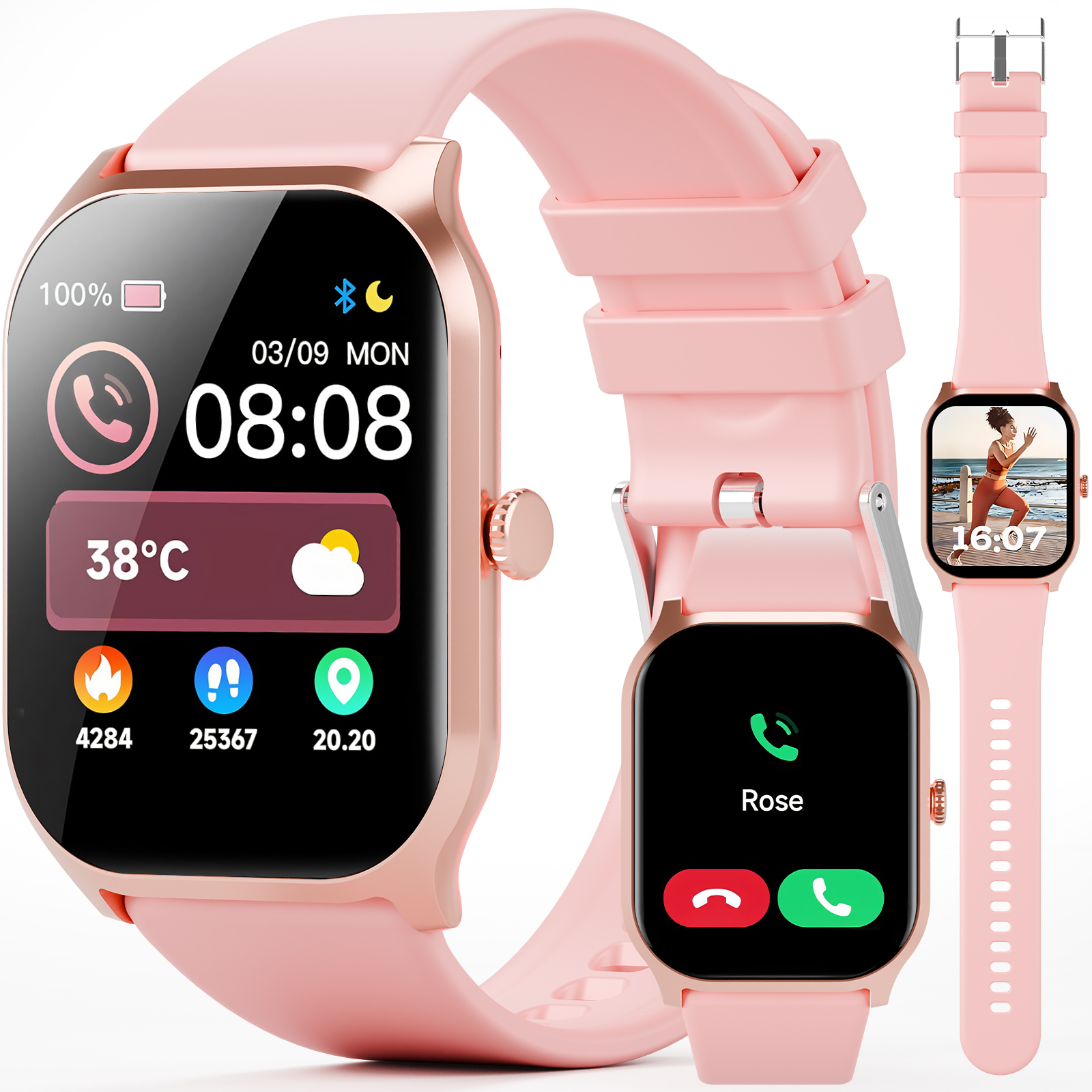 Pinke Smartwatch, die Zeit, Herzfrequenz, Schritte und Wetter anzeigt. Zeigt Anruf und Uhr.