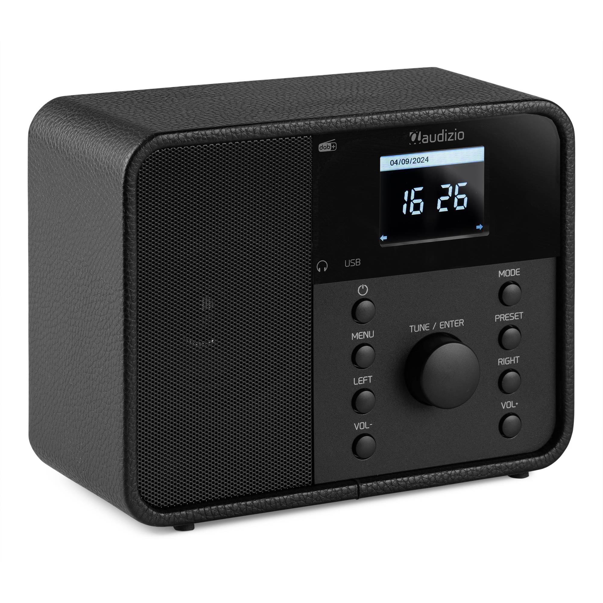 Schwarzes Digitalradio mit Bildschirm. Das Radio zeigt Uhrzeit und Datum.