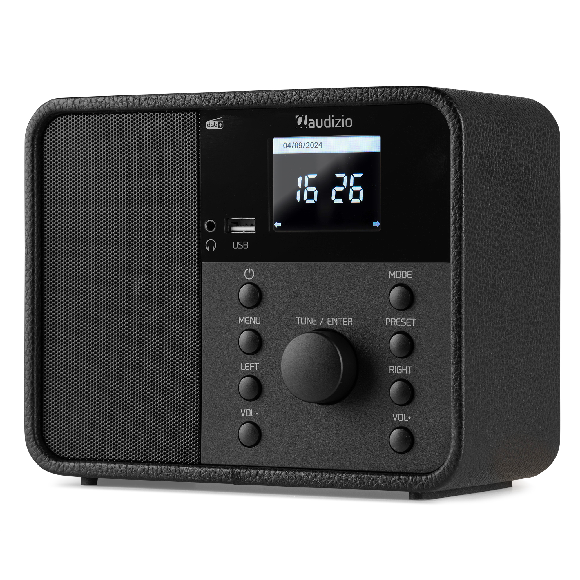 Schwarzes Retro-Radio mit Digitalanzeige, die die Uhrzeit anzeigt. Knöpfe und ein Drehregler sind auf der Vorderseite.