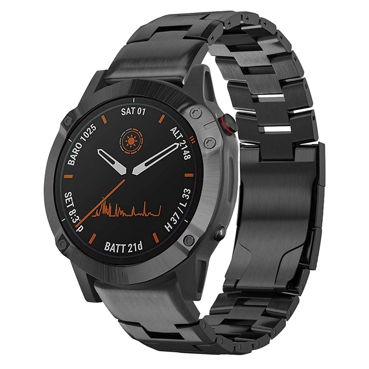 Eine schwarze Uhr mit einem schwarzen Metallarmband. Das Zifferblatt zeigt Daten und Uhrzeit an.