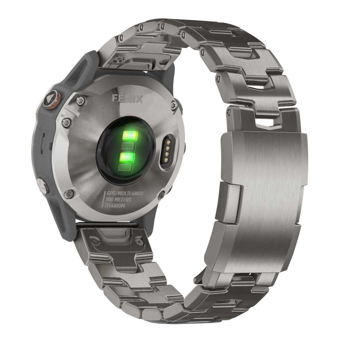 Garmin Fenix Smartwatch. Rückseite mit Herzfrequenzsensor und Metallarmband.