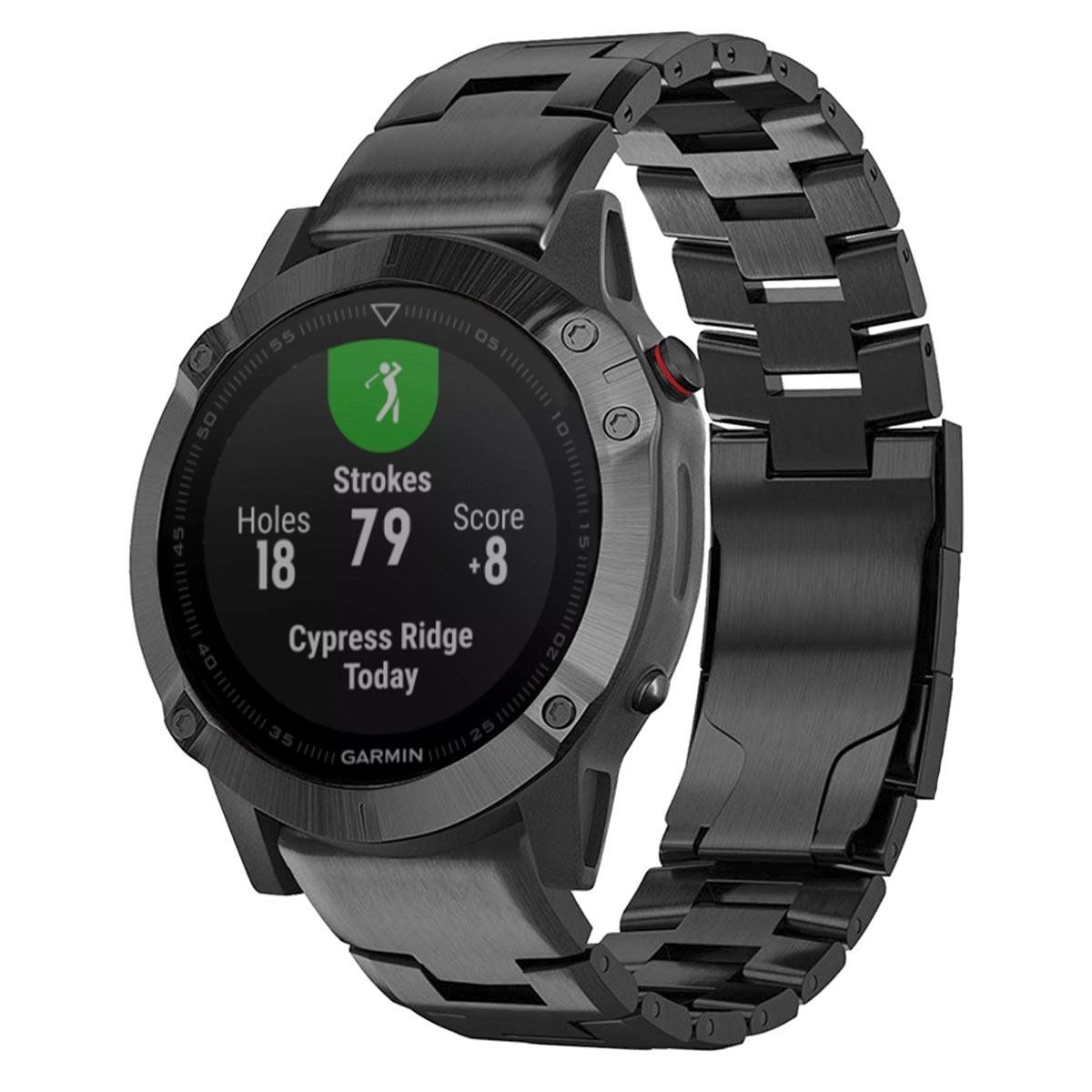 Schwarze Smartwatch mit Metallarmband, Golf-Statistiken. Grünes Golfplatzsymbol.