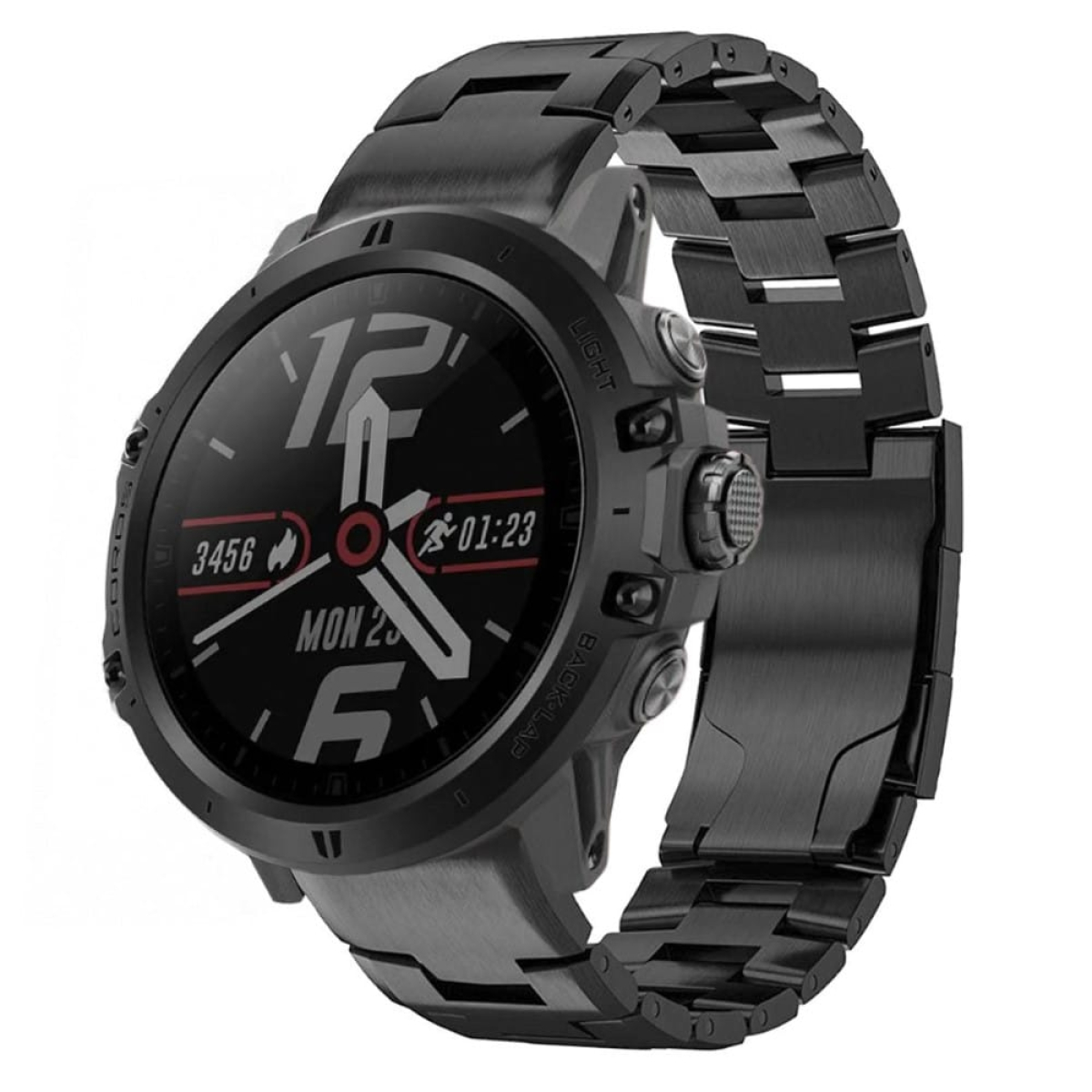 Eine schwarze Smartwatch mit schwarzem Metallarmband, die ein digitales Zifferblatt anzeigt.