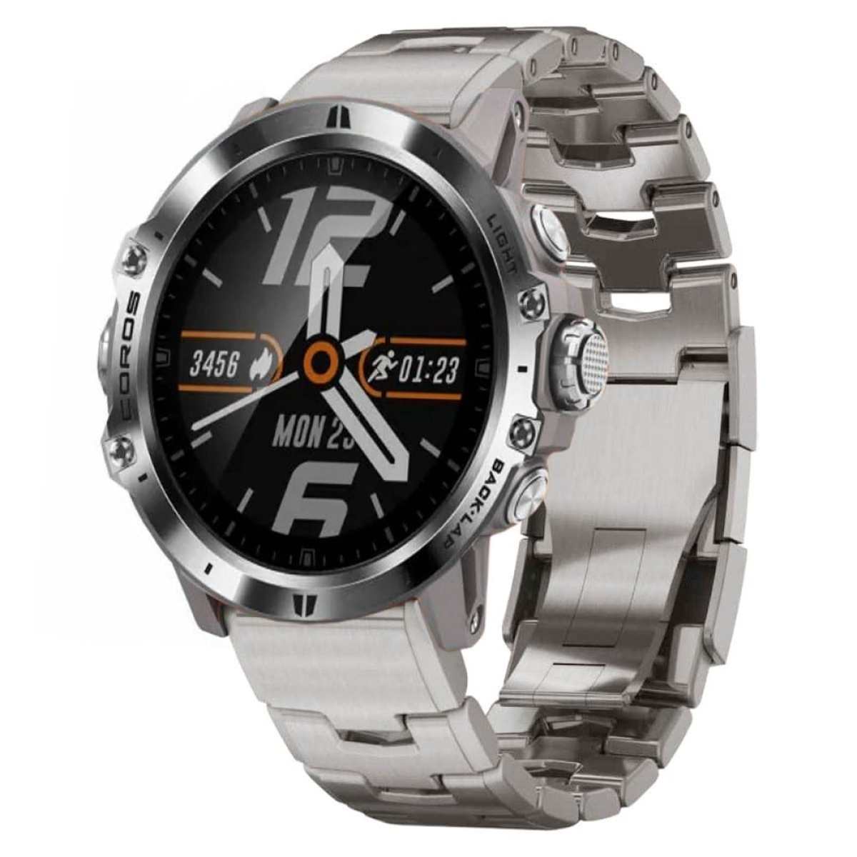 Silberne Smartwatch. Schwarzer Bildschirm zeigt Zeit, Schritte und Aktivitätsdetails. Silbernes Armband.