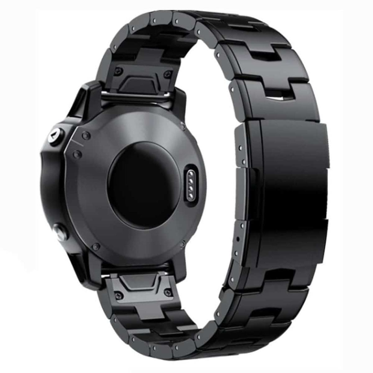 Schwarze Uhr mit schwarzem Metallband, Rückansicht. Das Armband ist offen. Weißer Hintergrund.